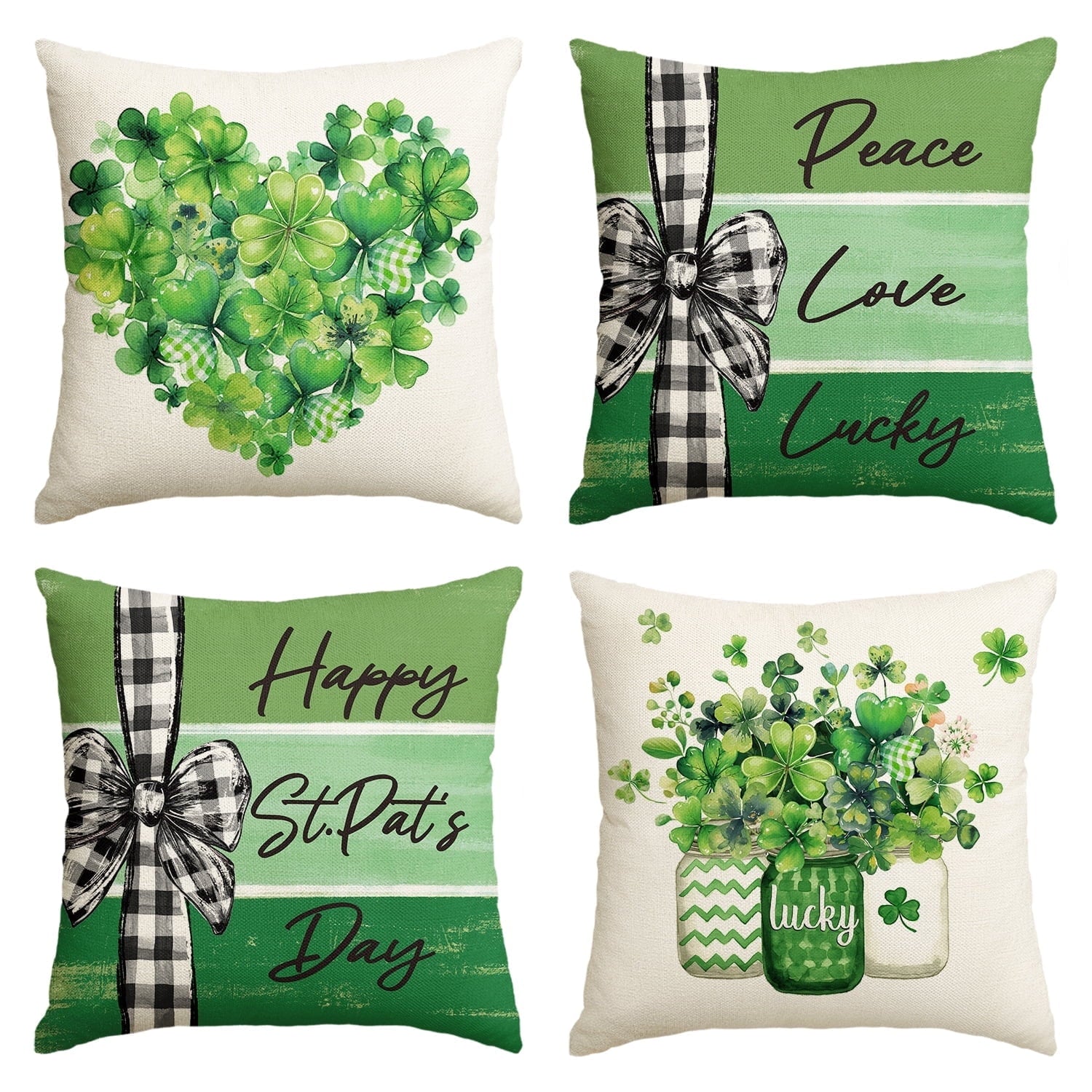 Sm:)e Saint Patricks Day Pillow Covers Set of 4, 20x20Inch Shamrock Peace Love Heart Lucky Outdoor Cushion Case for Sofa Couch