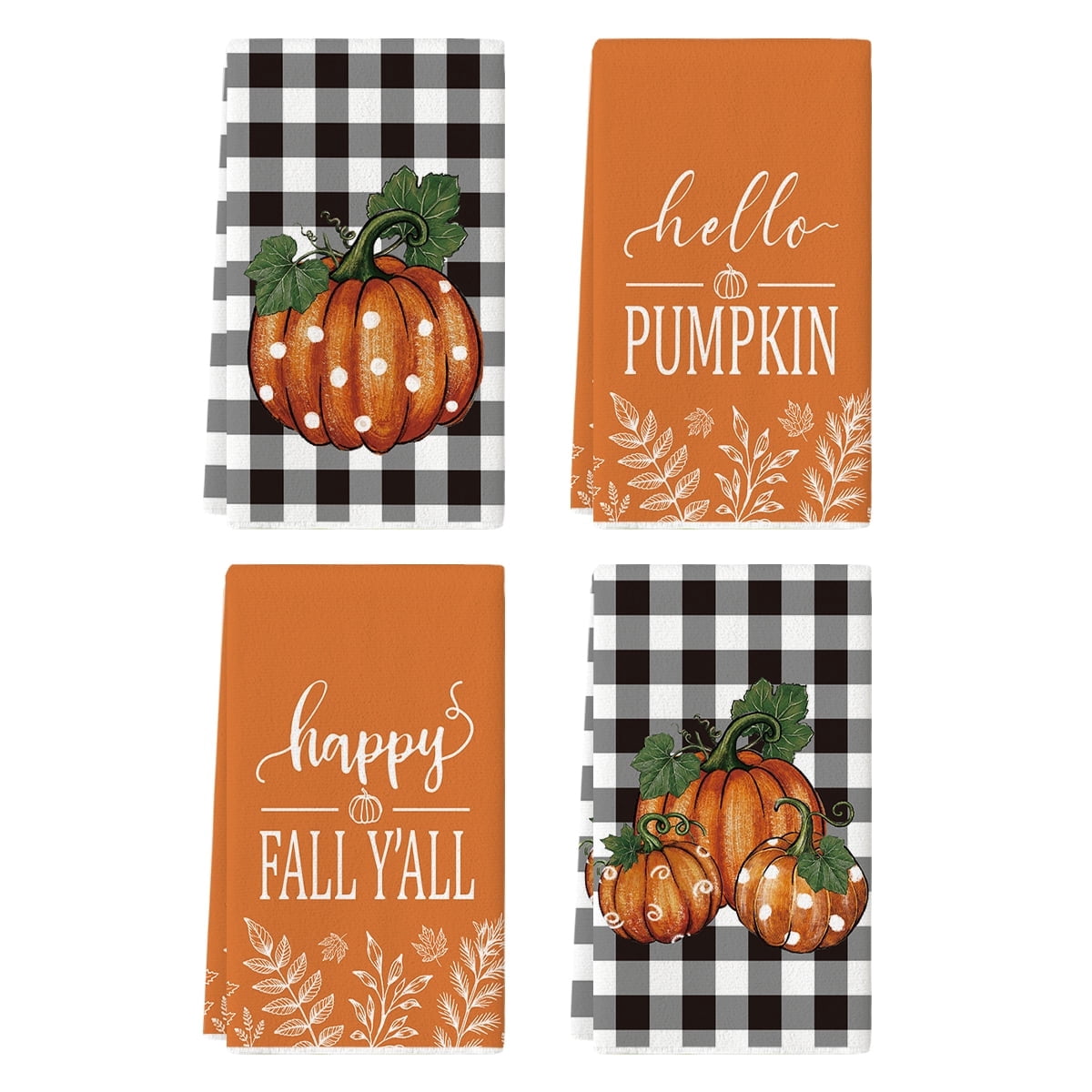 Sm:)e Happy Fall Y'all Polka Dot Pumpkin Buffalo Plaid Orange Kitchen Dish Towels 18x26 Inch Set of 4