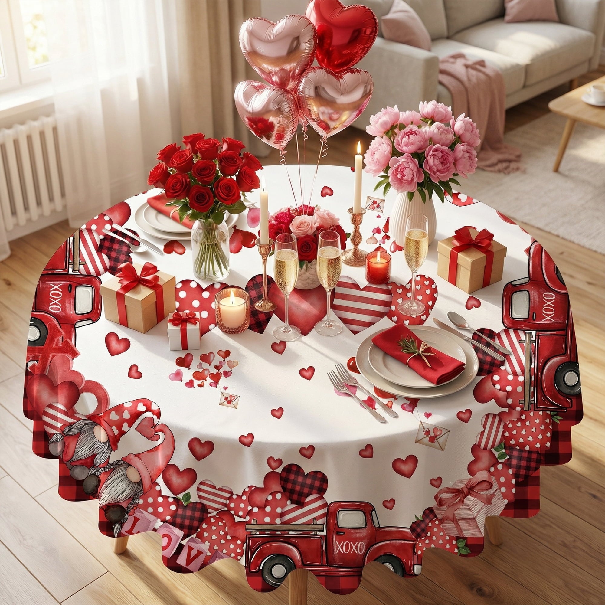 Sm:)e Gnome Truck Love Hearts Valentine's Day Tablecloth Round 60 Inch