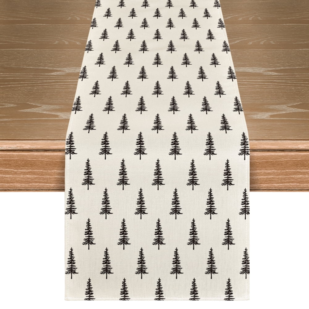 Smile Beige Xmas Tree Christmas Table Runner, Seasonal Winter Kitchen Dining Table Decoration for Home Party Decor 13x72 Inch