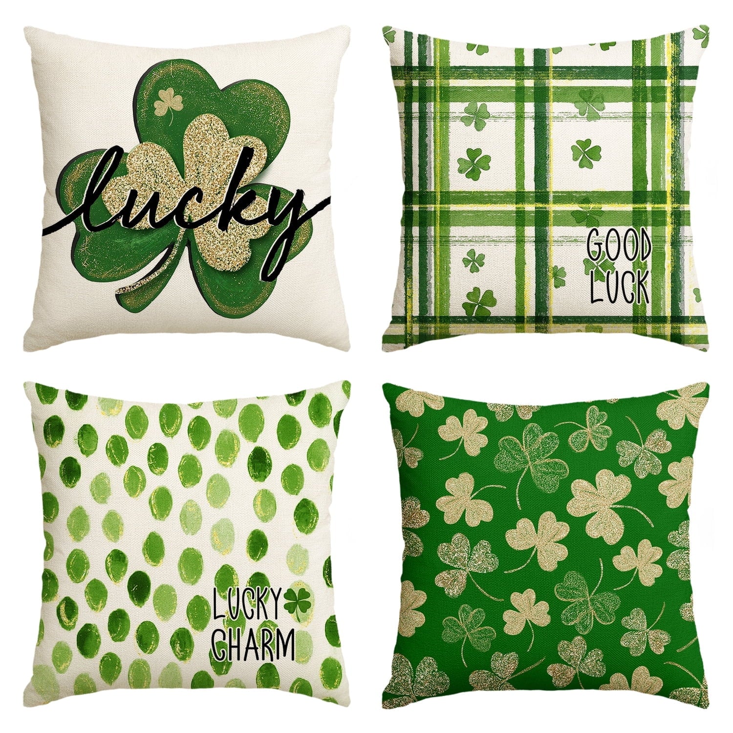 Sm:)e Saint Patricks Day Pillow Covers Set of 4, 18x18Inch Lucky Shamrock Buffalo Plaid Outdoor Cushion Case for Sofa Couch