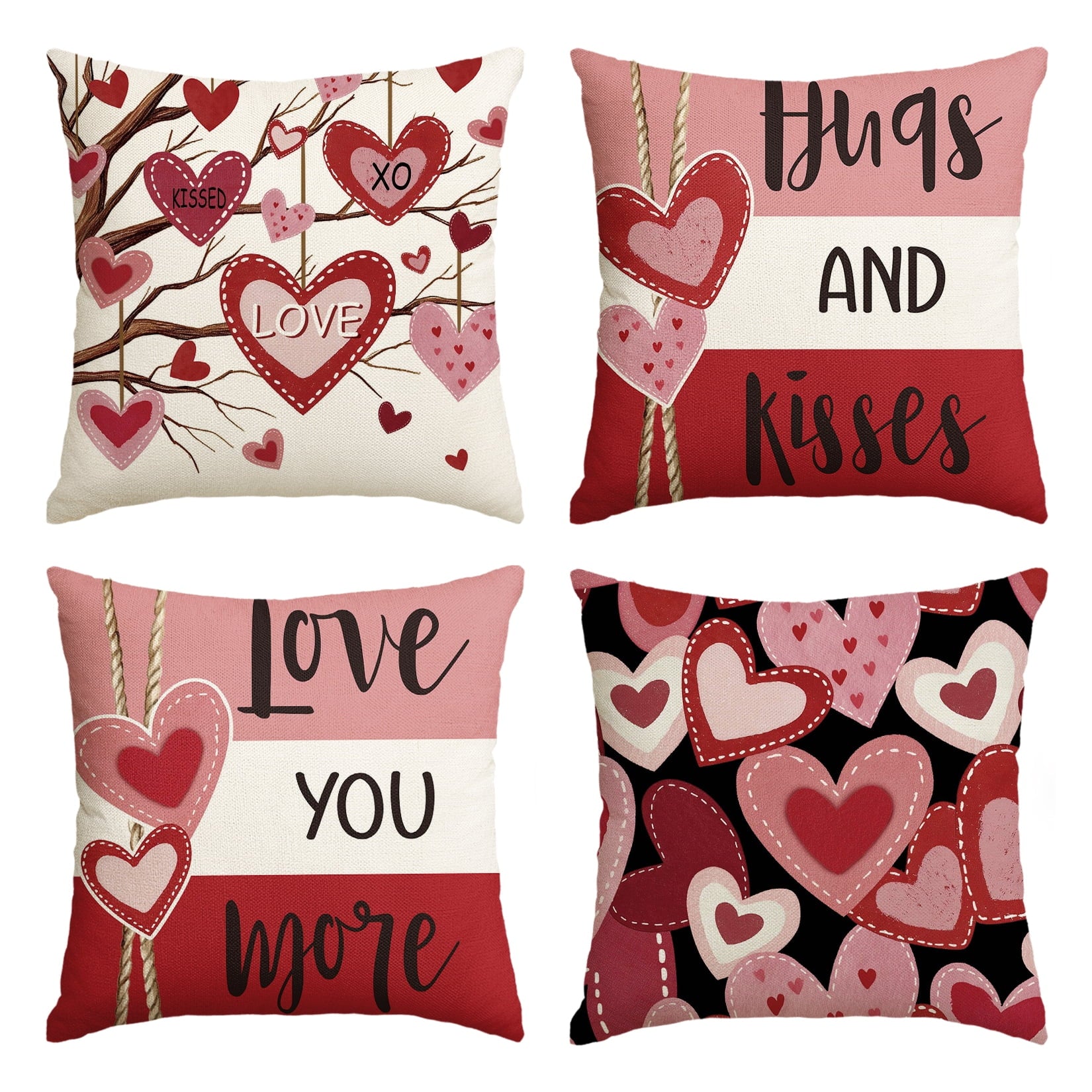 Sm:)e Hugs and Kisses Love You More Valentine's Day Throw Pillow Covers Set of 4, 12 x 20 Inch Heart Stripe Cushion Case Decoration for Sofa Couch