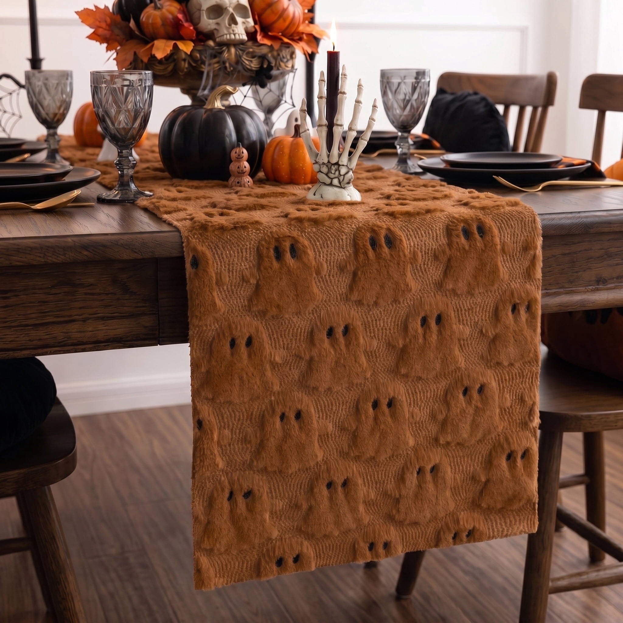 Sm:)e Caramel Ghost Halloween Table Runner 13x90 Inch, Soft Plush Faux Fur Mantel Kitchen Dining Table Decor, Halloween Home Party Decor