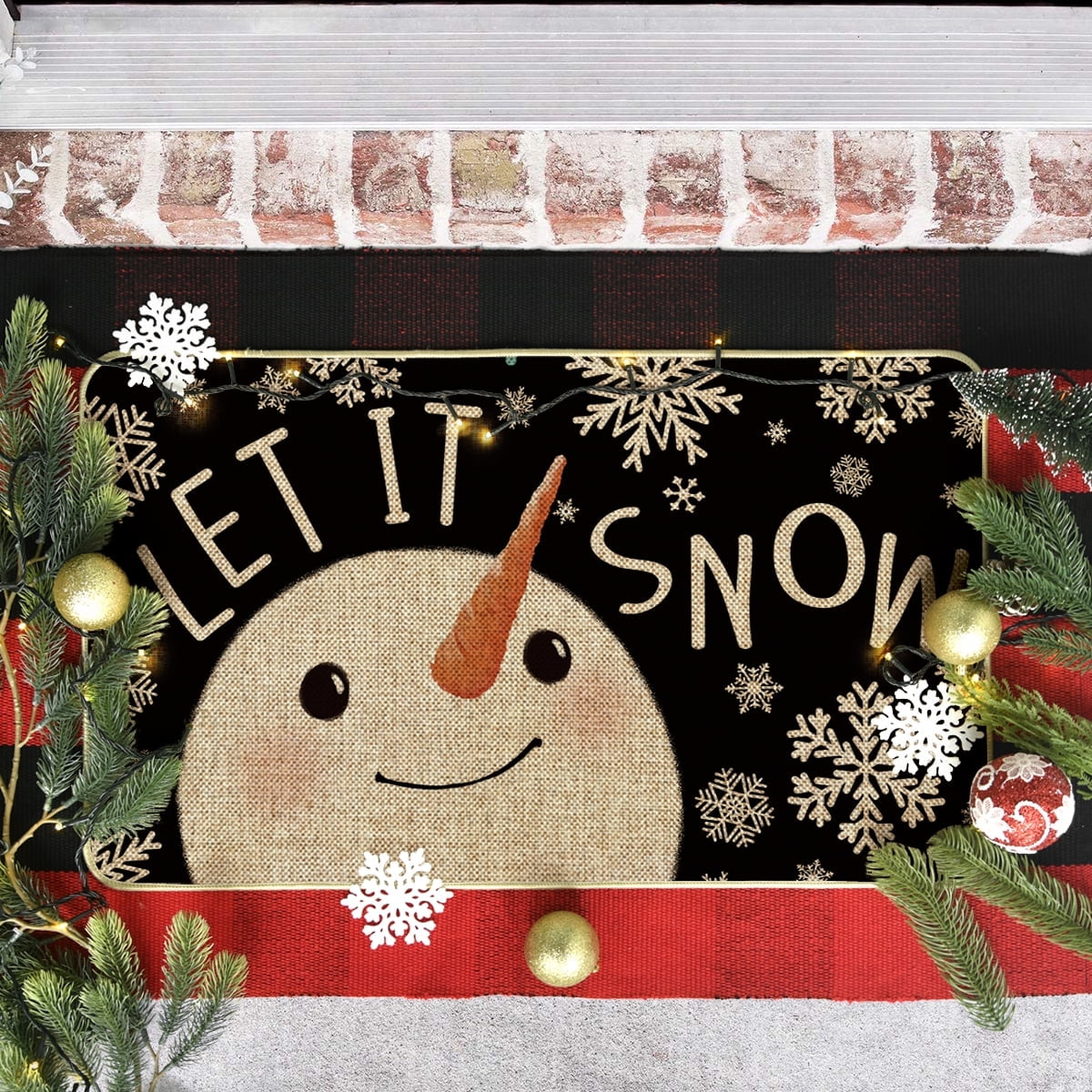 Sm:)e Let It Snow Snowman Christmas Decorative Doormat Black, Seasonal Winter Xmas Holiday Low-Profile Floor Mat Switch Mat for Indoor Outdoor 17 x 29 Inch