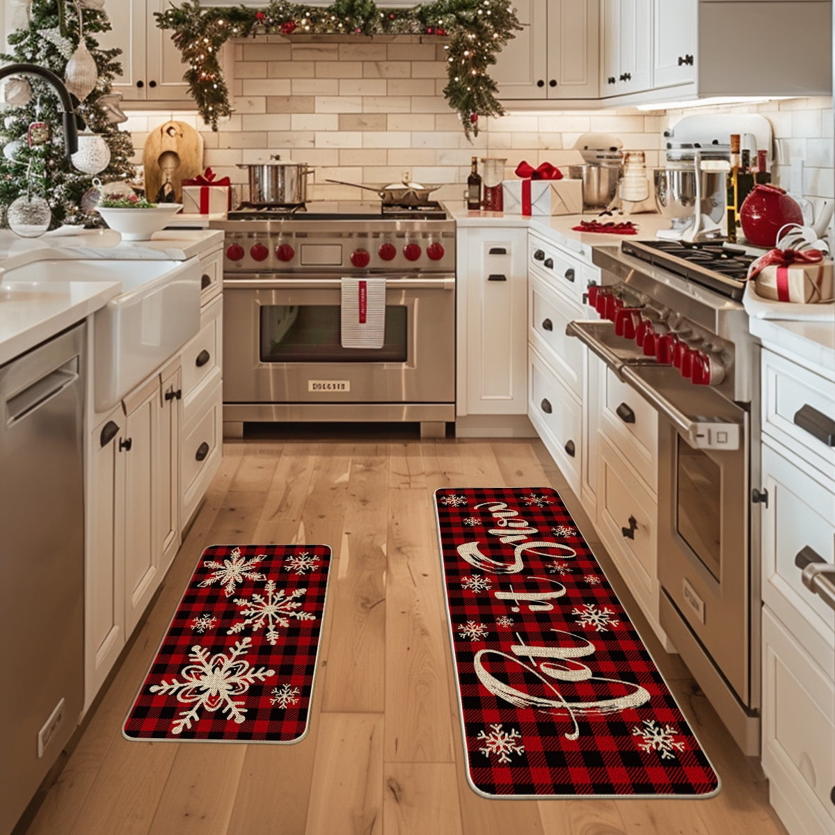 Sm:)e Buffalo Plaid Snow Christmas Kitchen Rugs Set of 2, Let It Snow Xmas Winter Holiday Party Low-Profile Floor Mat Decorations for Home Kitchen - 17x29 and 17x47 Inch