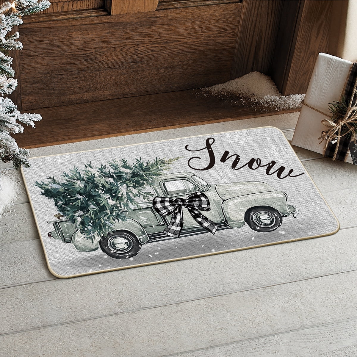 Sm:)e Truck Xmas Tree Winter Doormat, Christmas Home Decor Low-Profile Switch Rug Door Mat Floor Mat for Indoor Outdoor 17x29 Inch