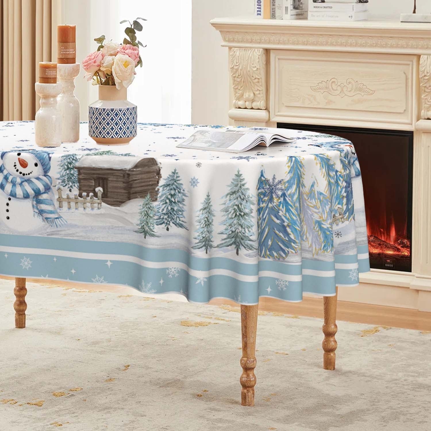 Sm:)e Christmas Tablecloth 60x84 Inch Oval, Blue Snowman Pine Snow Washable Table Cover for Party Picnic Dinner Decor