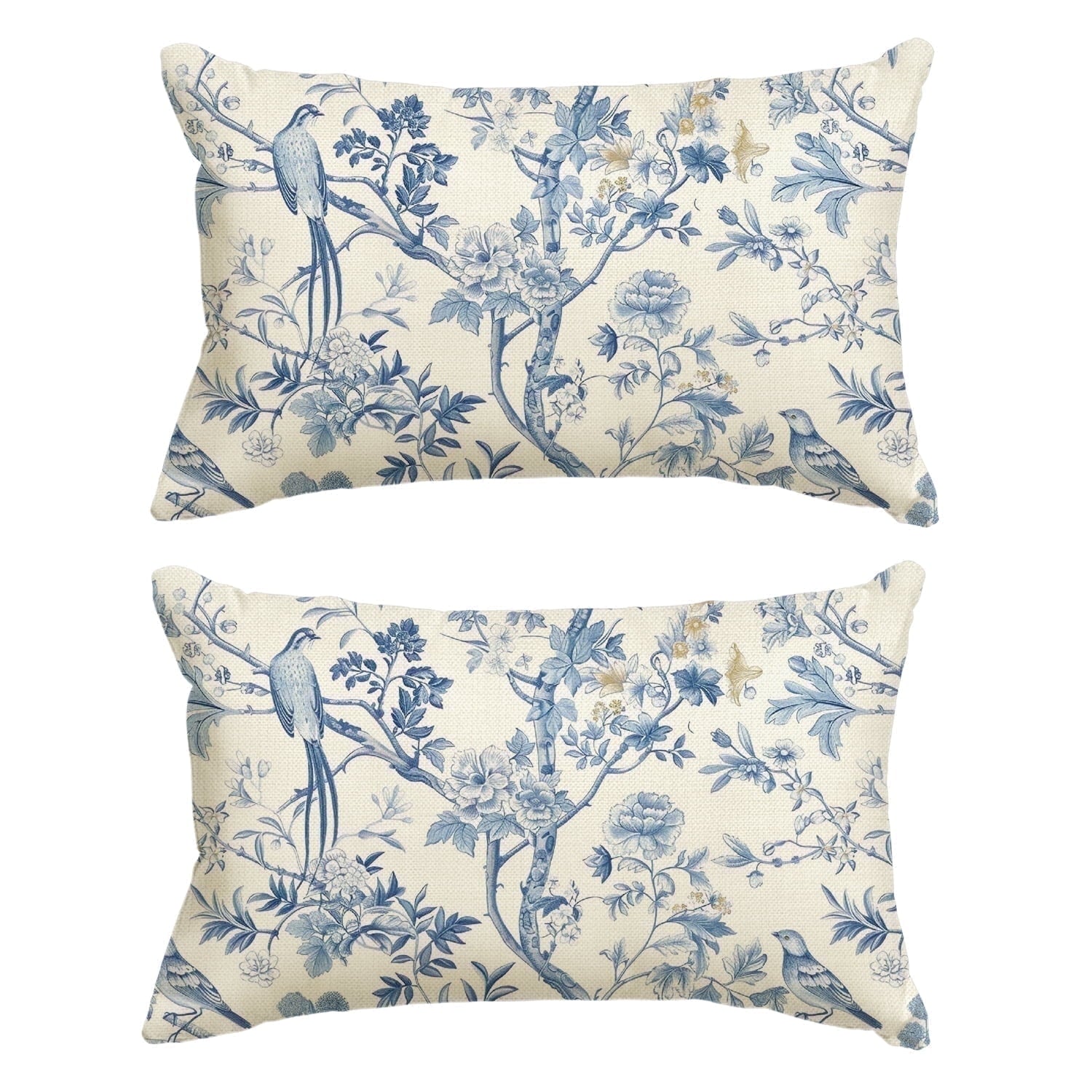 Sm:)e 2 Set Chinoiserie Trees and Birds Blue and White Throw Pillow Cover, 12 x 20 Inch Cushion Case Outdoor Decoration for Sofa Couch Farmhouse