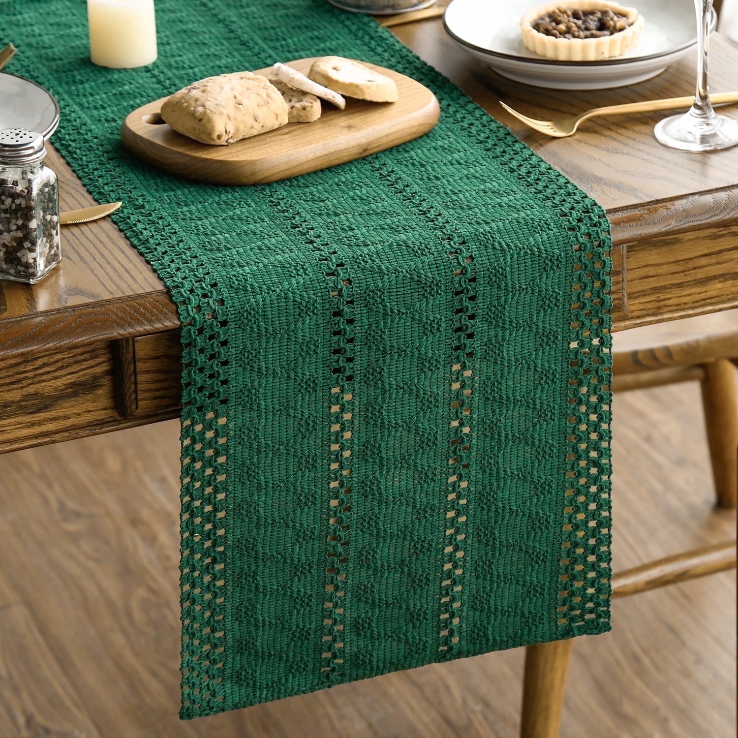 Sm:)e Dark Green Farmhouse Woven Rustic Hollow Table Runner, Boho Table Runner 12x108 Inch, Dining Kitchen Home Decor
