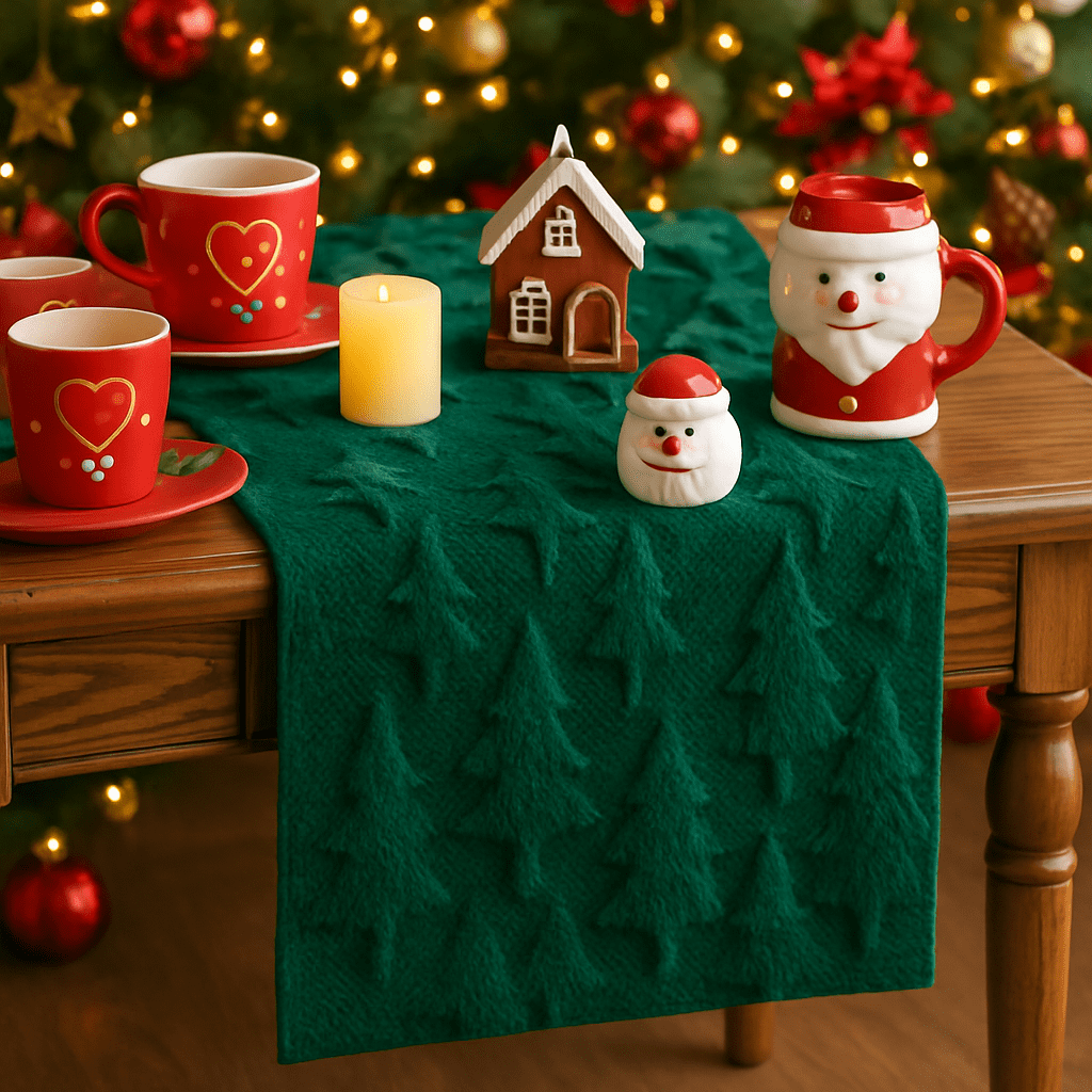 Sm:)e Green Tree Christmas Table Runner 13x72 Inch, Soft Plush Faux Fur Mantel Kitchen Dining Table Decor, Winter Xmas Party Decor