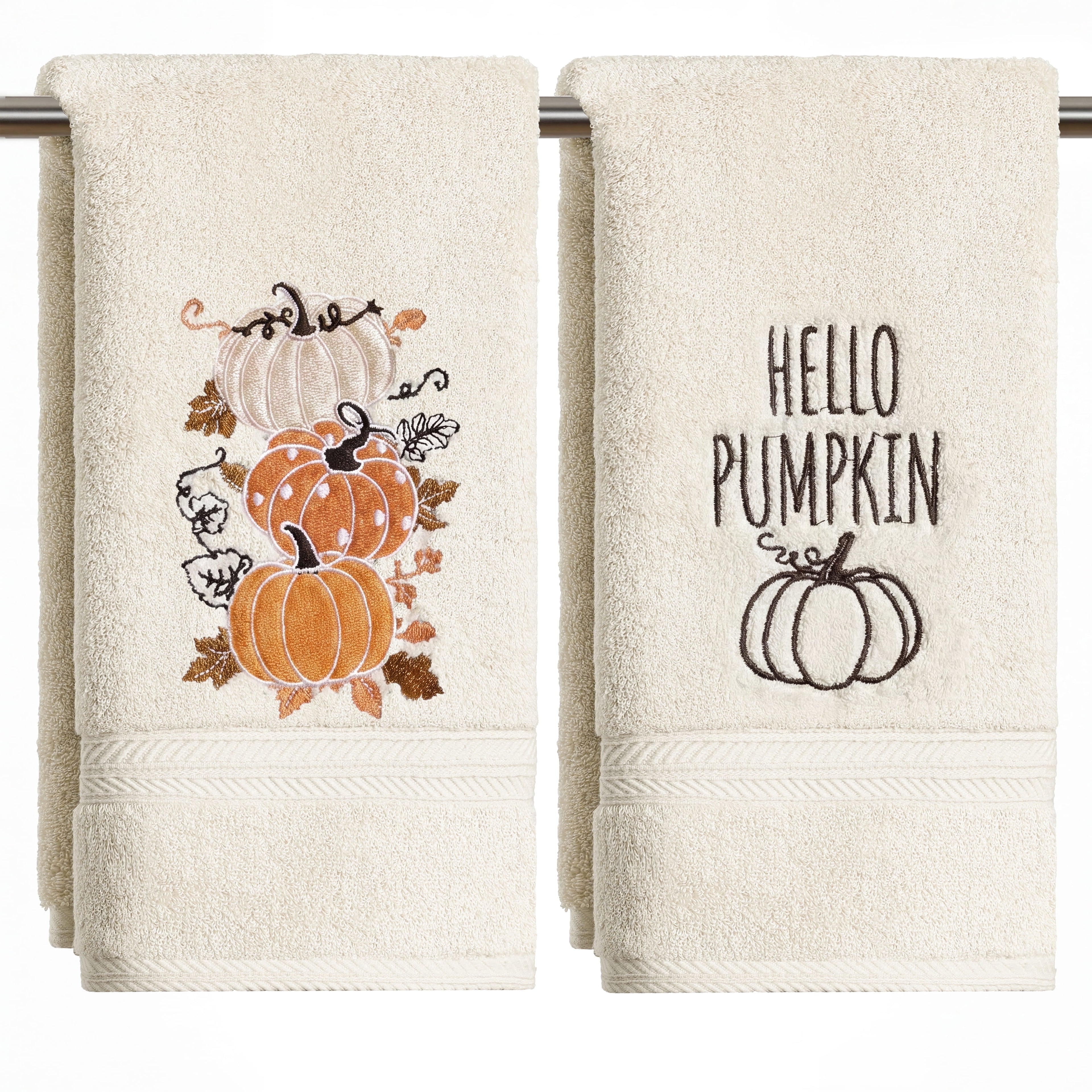 Sm:)e 2 Pcs Multi Stacked Pumpkin Maple Leaf Vine Embroidered Fall Hand Towels, 100% Cotton Soft Home Decor Dish Towels, 18 x 26 Inch