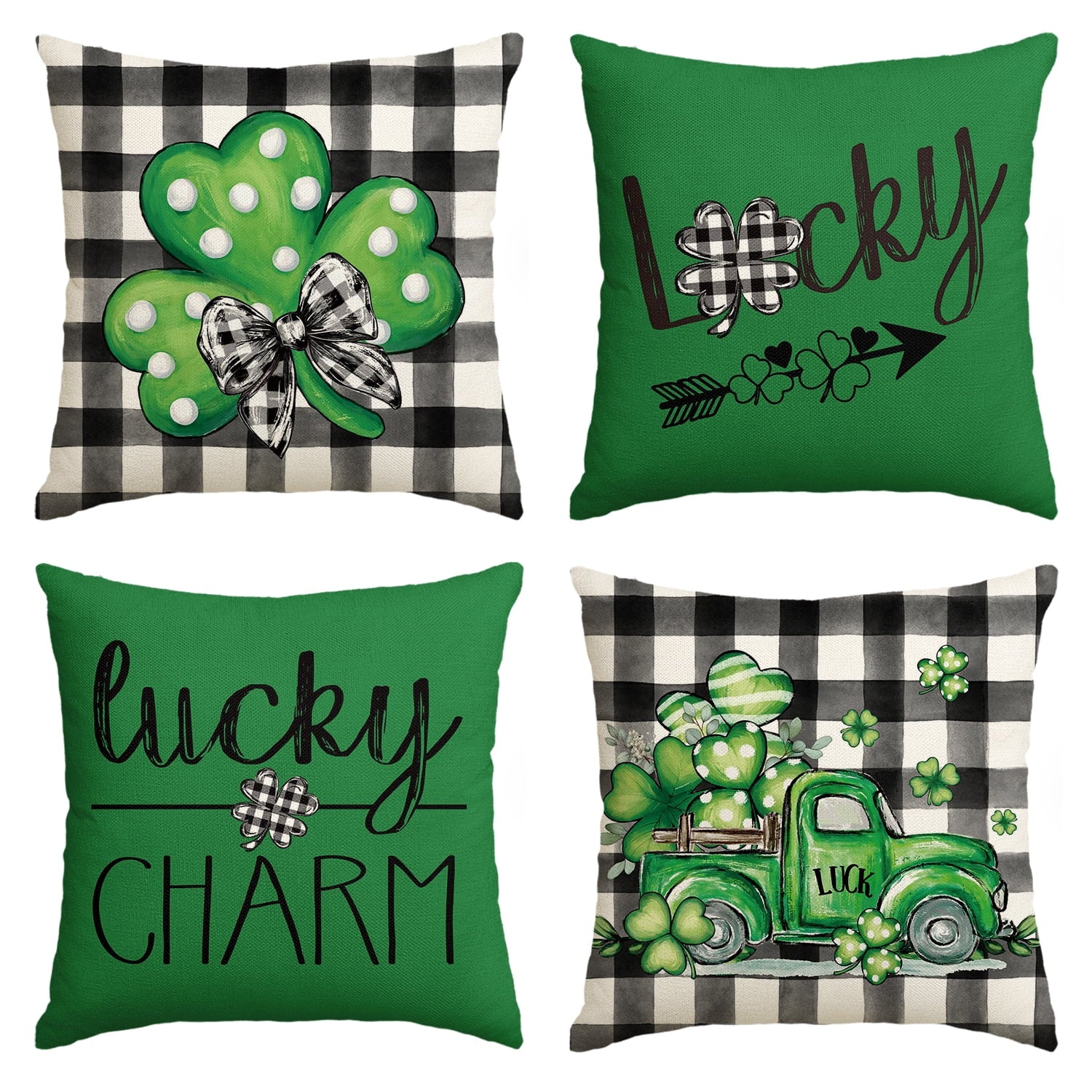 Sm:)e Saint Patricks Day Pillow Covers Set of 4, Green, 18x18Inch Green Shamrock Truck Outdoor Cushion Case for Sofa Couch
