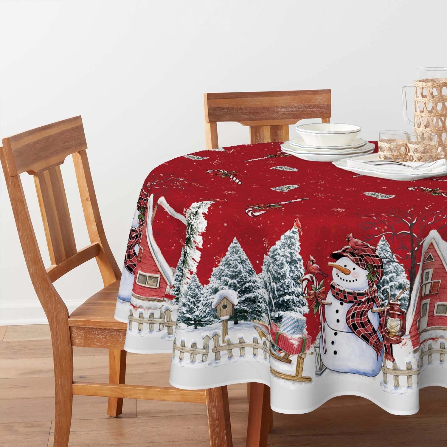 Sm:)e Christmas Tablecloth 60 Inch Round, Winter Snowman House Christmas Trees Red Washable Table Cover for Party Picnic Dinner Decor