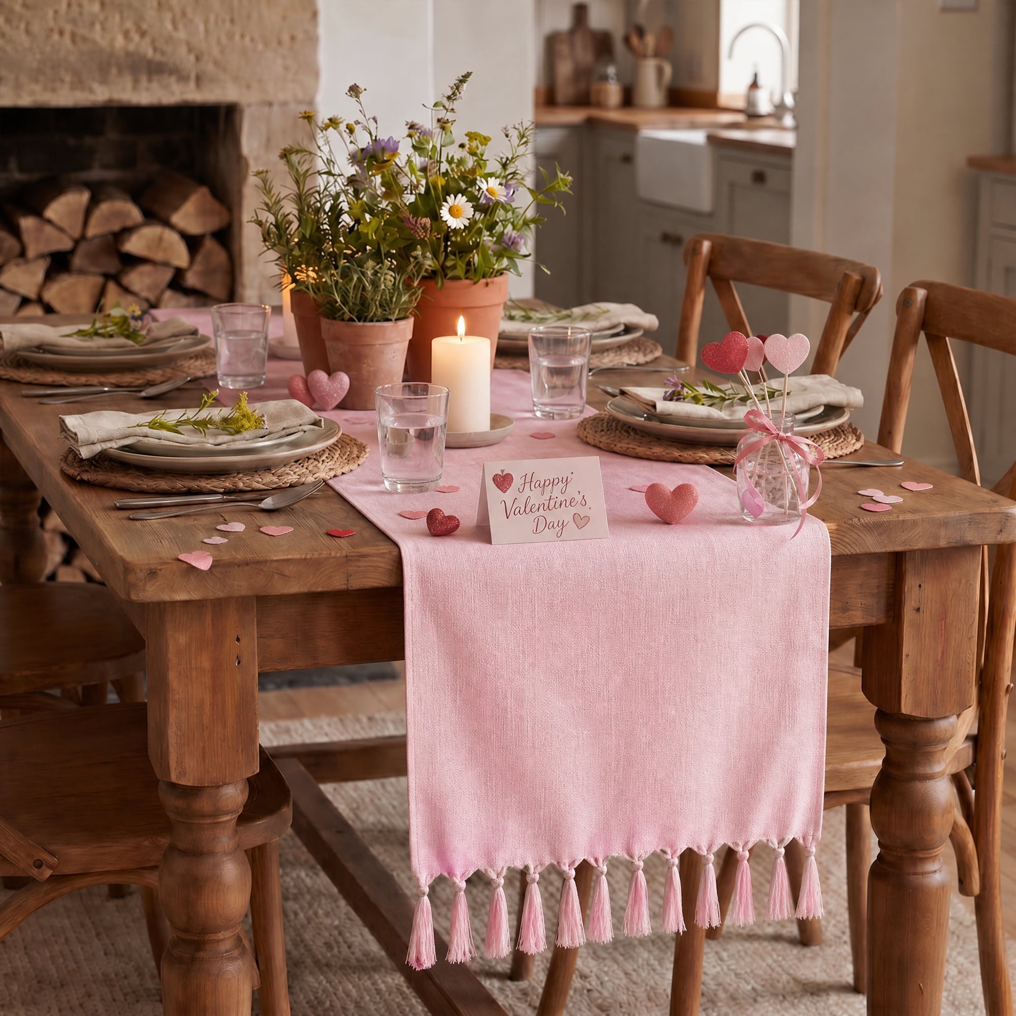 Sm:)e Pink Tassel Table Runner, 13x36 Inches, Boho Linen Blend Rustic Farmhouse Style, Holiday Wedding Party Kitchen Table Decor