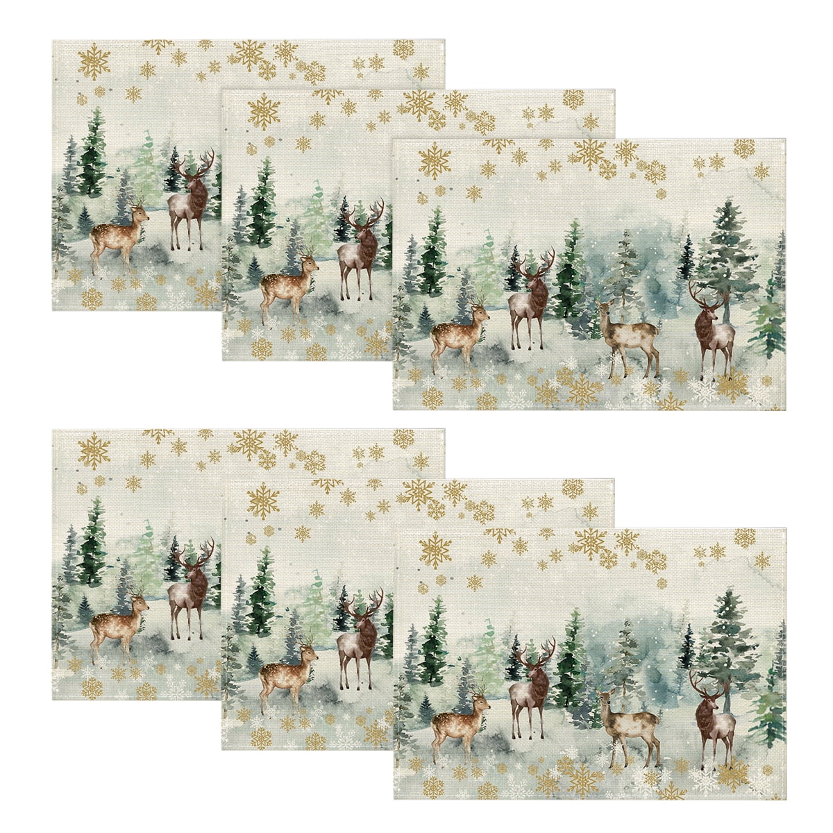 Smile Watercolor Deer Trees Snowflakes Christmas Placemats for Dining Table, 12 x 18 Inch Seasonal Winter Xmas Holiday Rustic Vintage Thanksgiving Washable Table Mats Set of 6