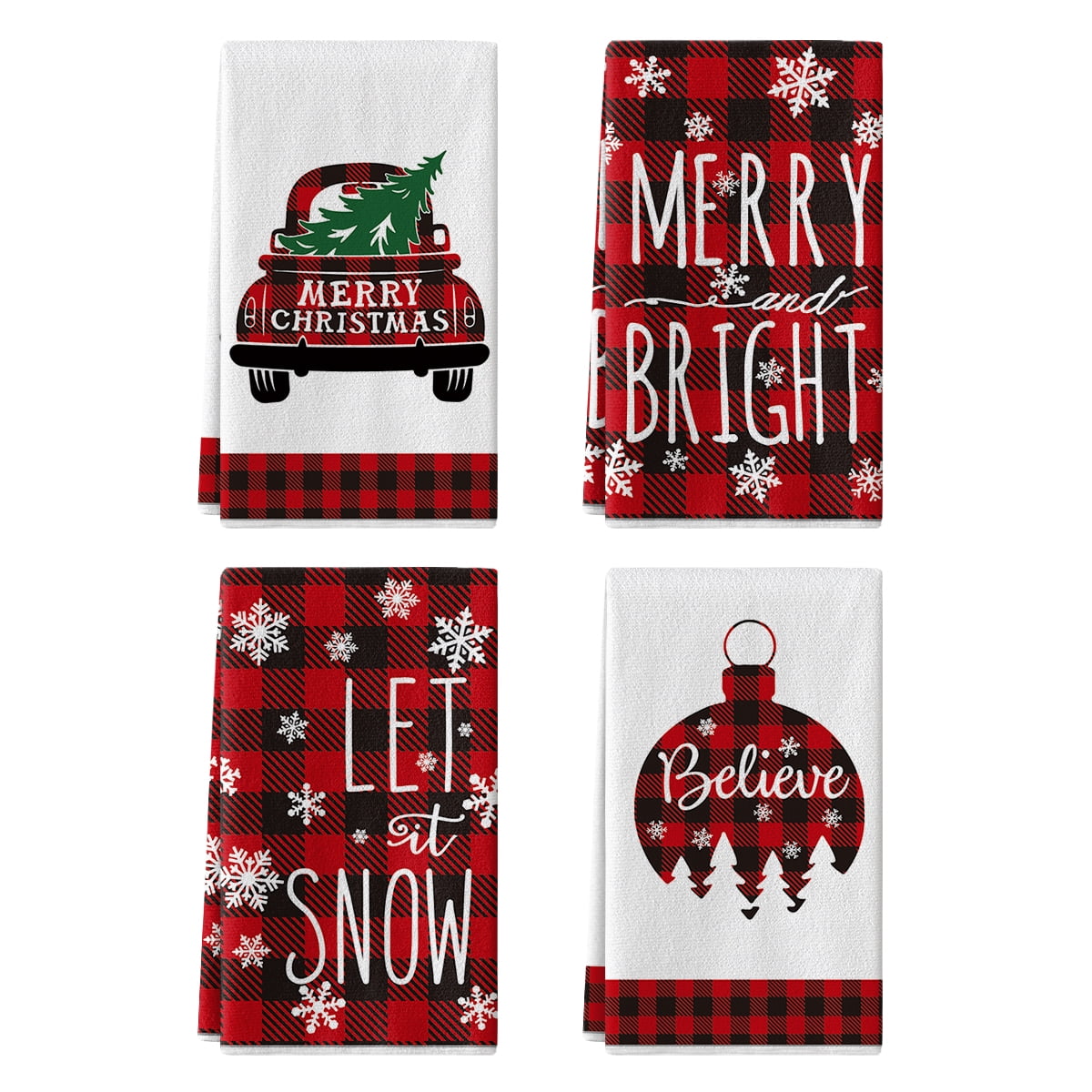 Sm:)e Snowflake Tree Ornament Car Buffalo Plaid Christmas Kitchen Dish Towels 18 x 26 Inch Set of 4