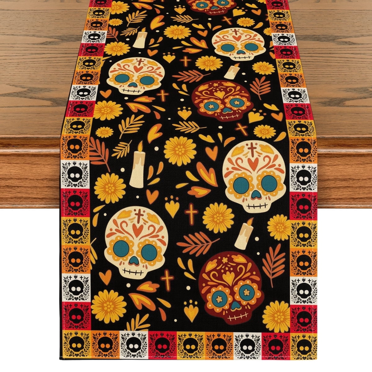 Sm:)e Halloween Table Runner 13x72 Inchï¼?Watercolor Marigolds Skull Day of The Dead Table Runner for kitchen Dining Fiesta Party Home Decor