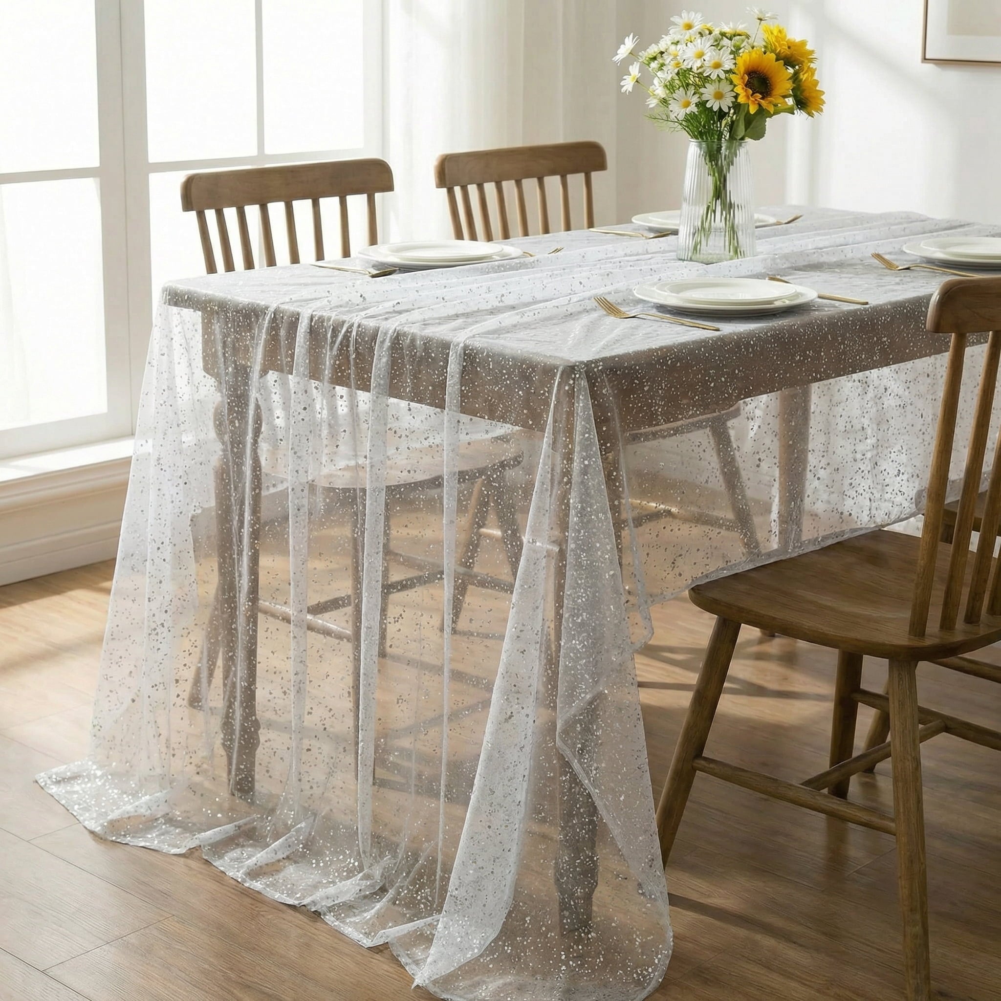Sm:)e Silk Gold Foil Gauze Tablecloth Silver 60x60 Inch - Glitter Metallic Sheer Table Cover for Dining, Wedding, Party, and Events - Durable & Stylish Home Decor