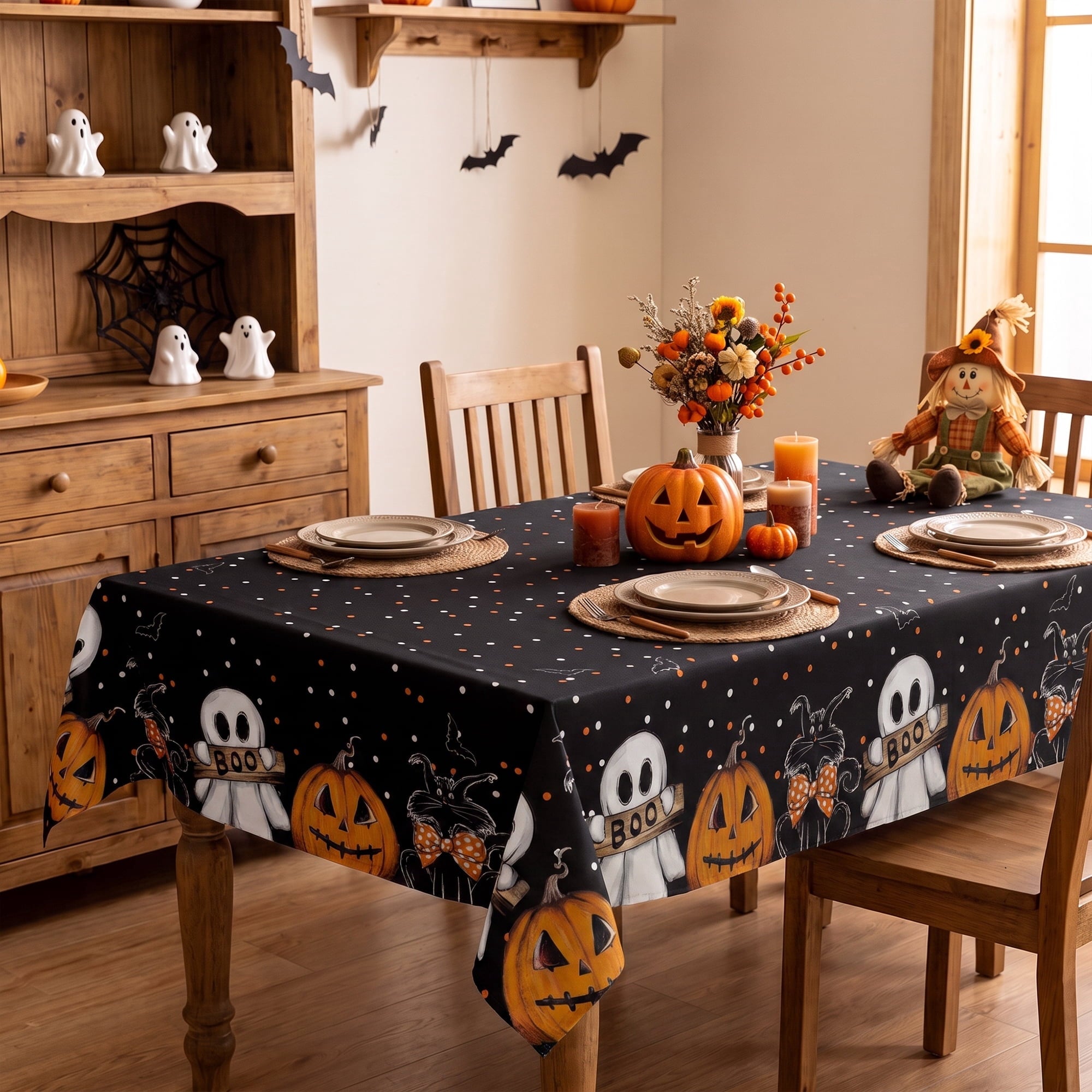 Sm:)e Ghost Cat Pumpkin Black Halloween Tablecloth 60 x 120 Inch, Wrinkle-Resistant & Machine Washable Table Cover for Dining Decor, Rectangle
