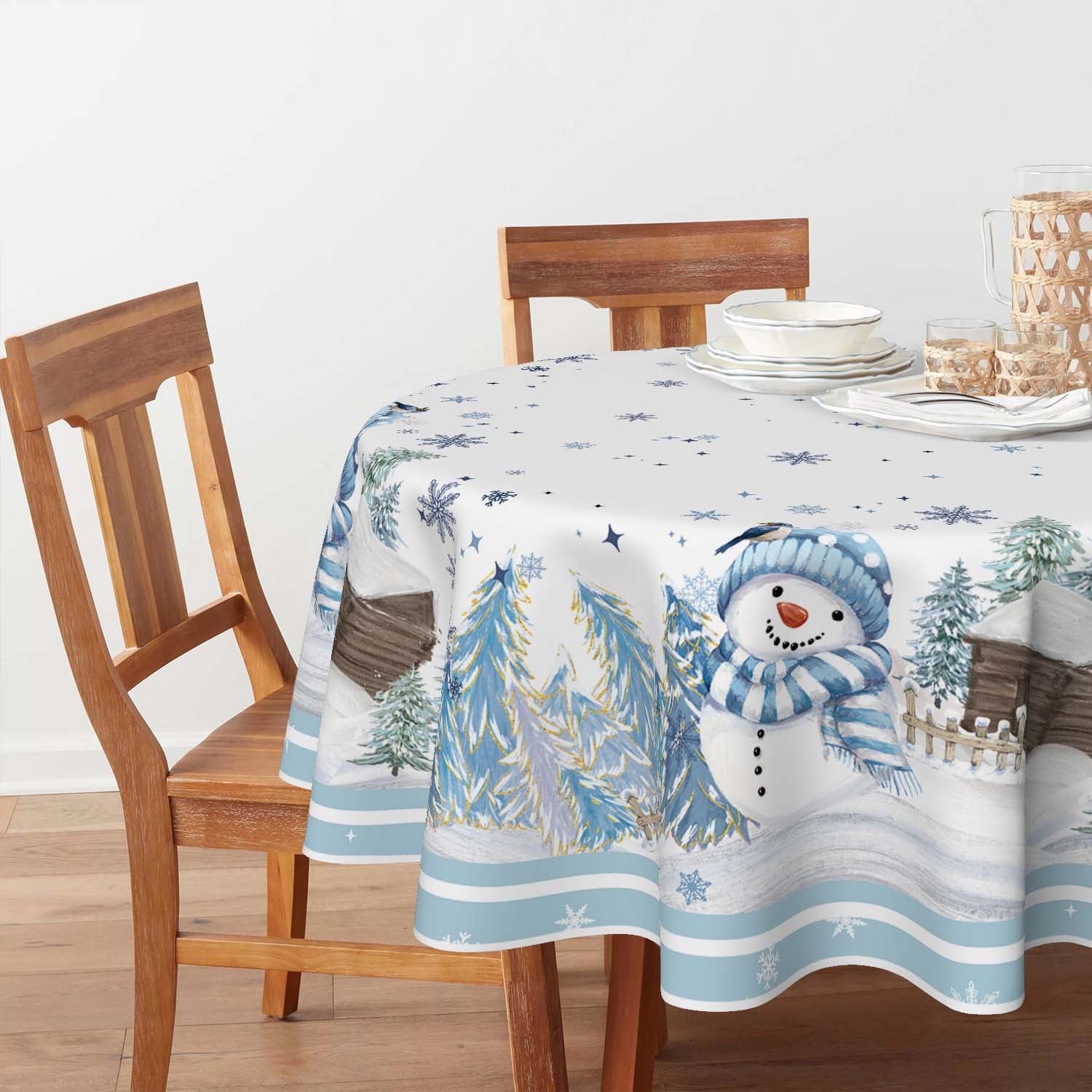 Sm:)e Blue Snowman Christmas Tablecloth Round 70 Inch, Pine Snow Washable Table Cover for Party Picnic Dinner Decor