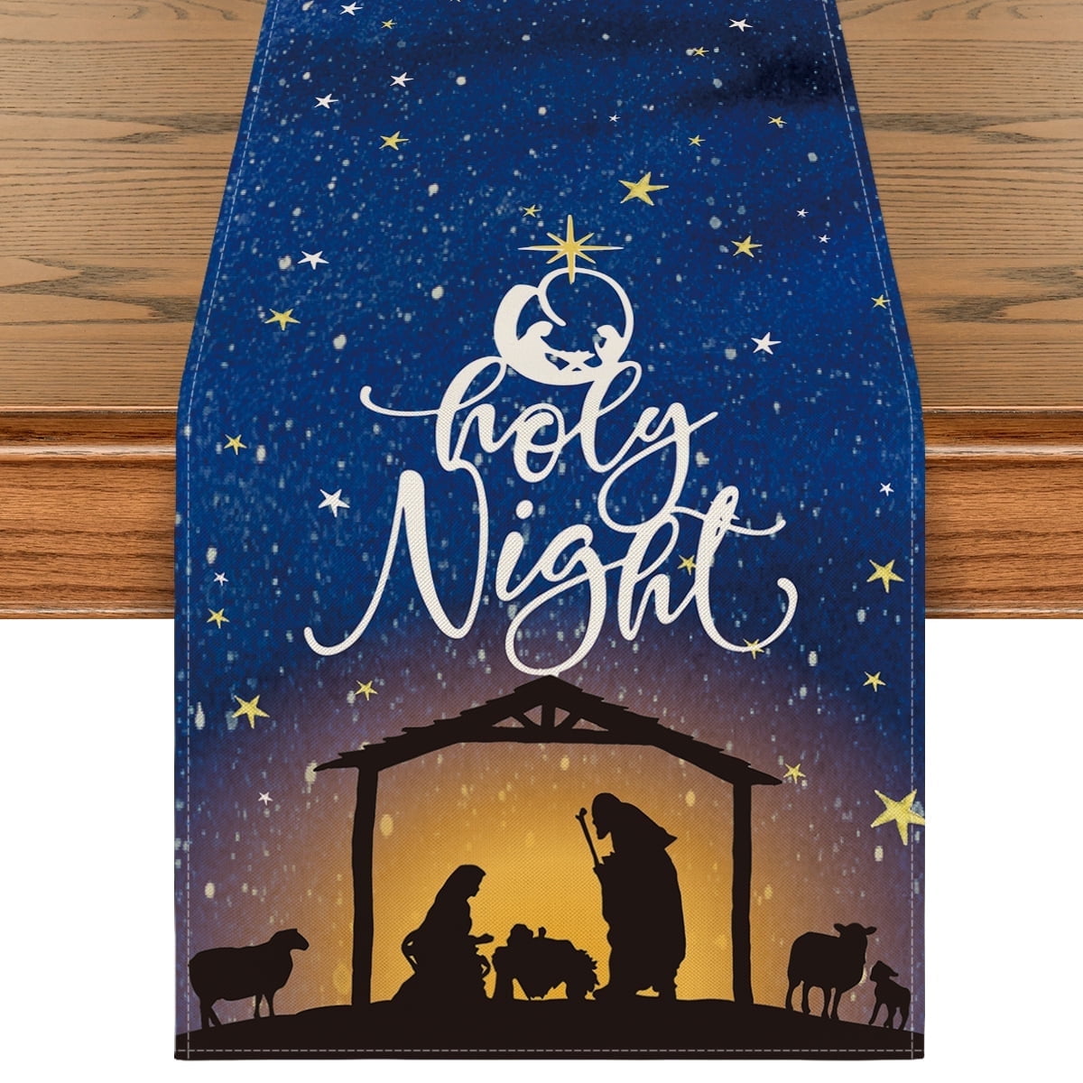 Sm:)e The Lord Blue Sky Christmas Table Runner, Seasonal Winter Holy Night Christ Kitchen Dining Table Decor for Outdoor Home Party 13x60 Inch