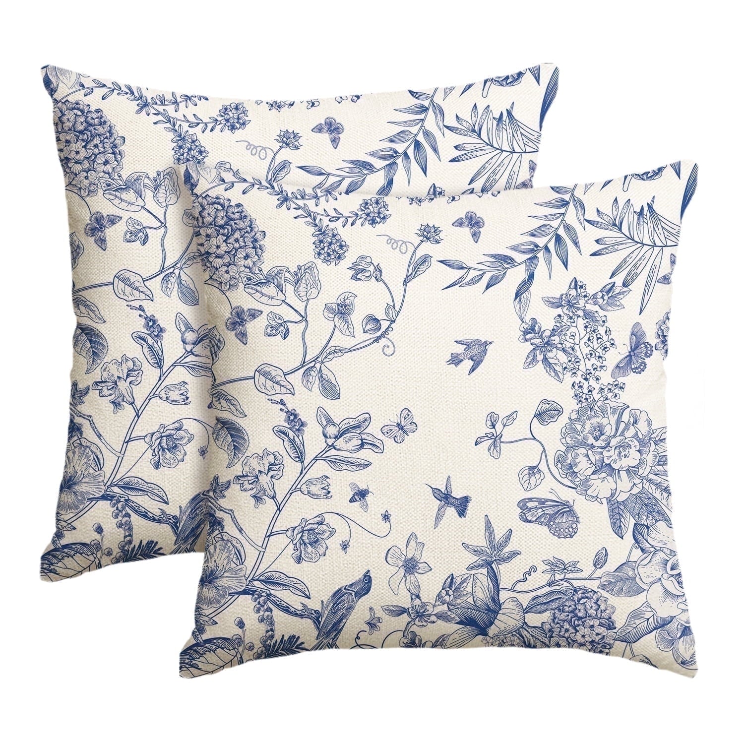 Sm:)e Chinoiserie Grandmillennial Flowers Birds Blue and White Throw Pillow Cover, 18 x 18 Inch 2PC Cushion Case Outdoor Decoration for Sofa Couch Farmhouse