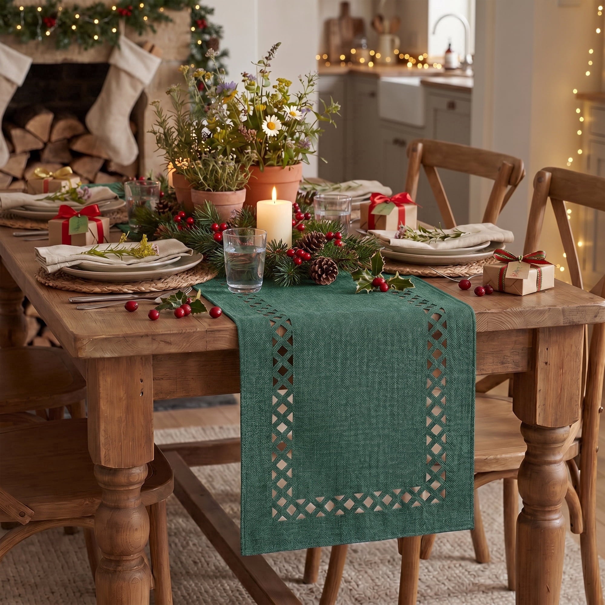 Sm:)e Forest Green Christmas Table Runner, Hollow Out Laser Cut Solid Color, Seasonal Winter Washable Kitchen Dining Table Decoration for Home Party Decor 13x60 Inch
