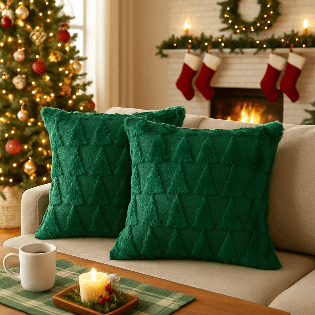 Sm:)e Christmas Pillow Covers 18x18 Inch Set of 2, Green Tree Soft Plush Faux Fur Outdoor Sofa Cushion Case Holiday Winter Home Decor