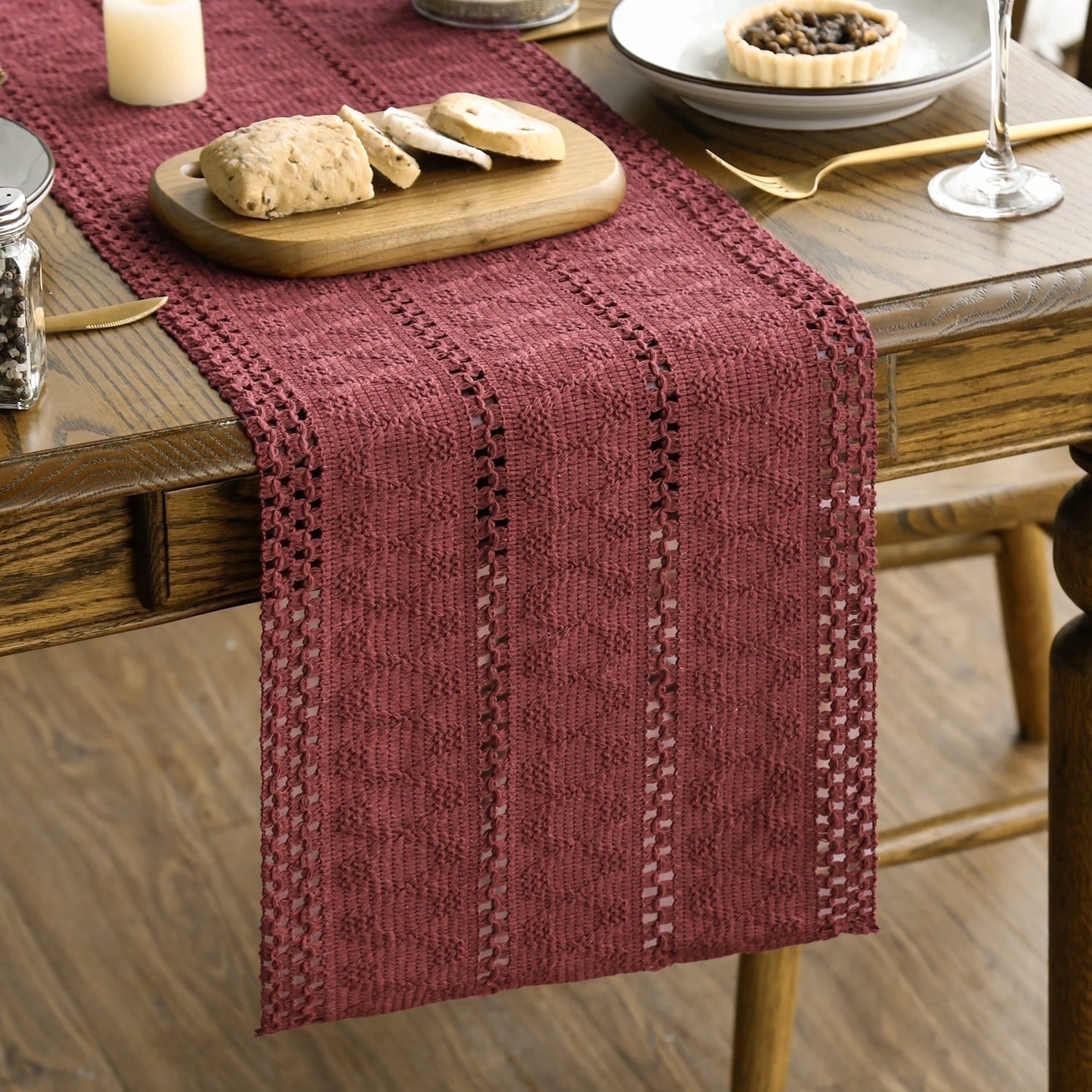 Sm:)e Red Farmhouse Woven Rustic Hollow Table Runner, Boho Table Runner 12x36 Inch, Dining Kitchen Home Decor