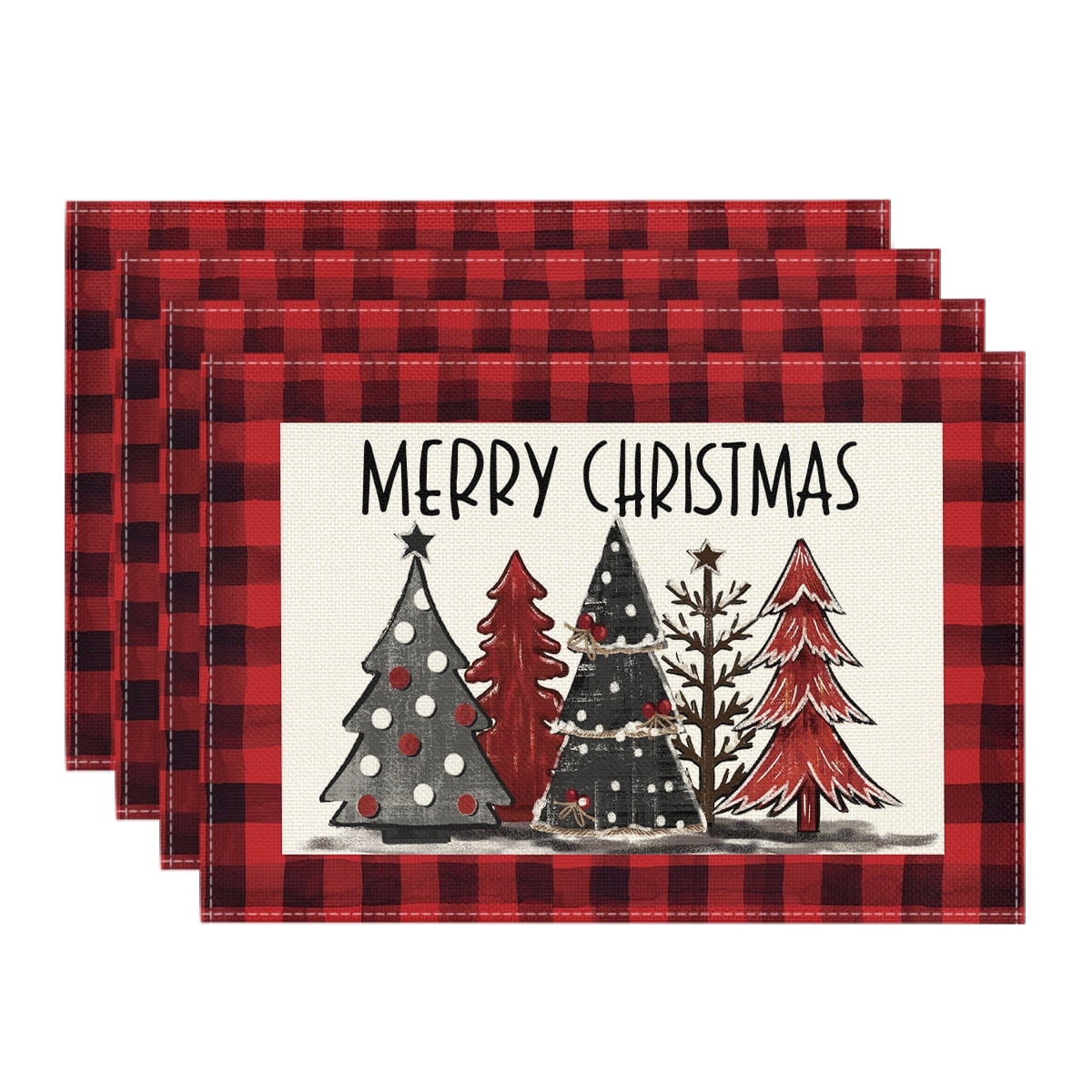 Smile Red and Black Buffalo Plaid Christmas Trees Placemats Set of 4, 12 x 18 Inch
