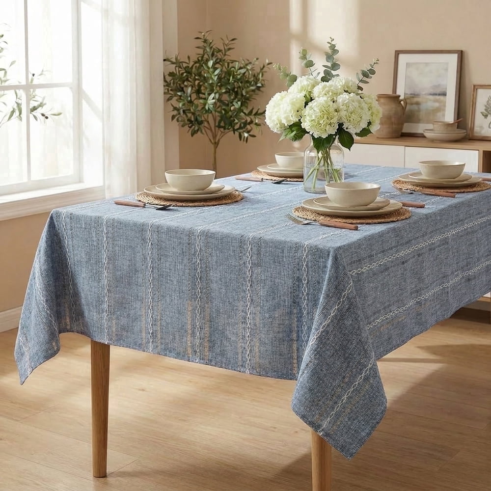 Sm:)e Fabric Openwork Farmhouse Style Linen Tablecloth Round 60 Inch, Yarn-Dyed Woven Table Cover for Dining Decor, Denim Blue