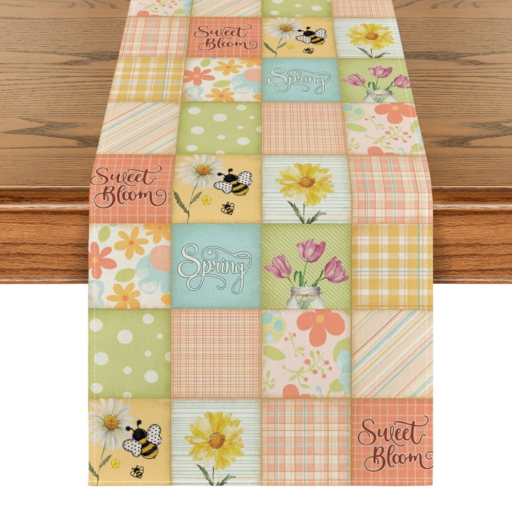 Sm:)e Patchwork Buffalo Plaid Floral Spring Table Runner 13 x 72 Inch, Seasonal Summer Floral Kitchen Dining Table Decoration for Home Party Decor
