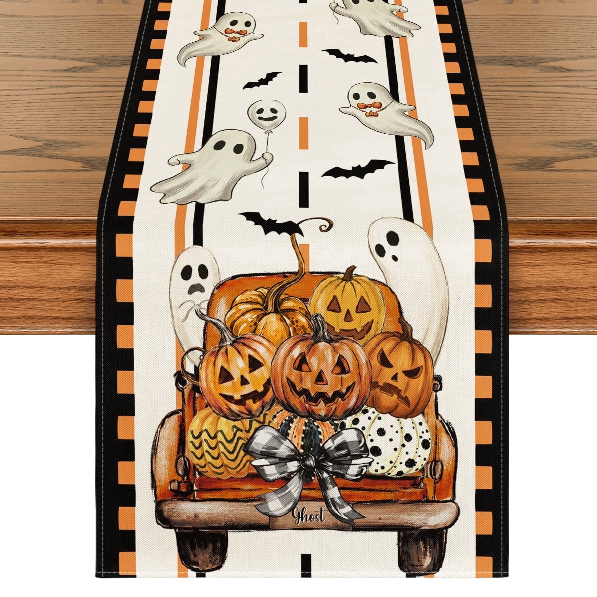 Sm:)e Ghost Truck Pumpkins Halloween Table Runner, Seasonal Fall Kitchen Dining Table Decoration with Bats and Bows for Home Party Decor 13x72 Inch