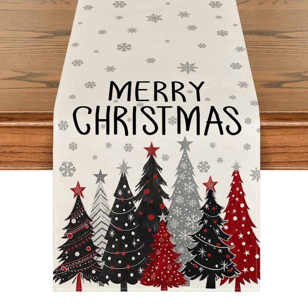 Sm:)e Black Red White Tree & Snowflake Pattern Beige Christmas Table Runner , 13 x 72 Inches Farmhouse Table Decor, Universal for Indoor Outdoor Kitchen, Home & Party Decoration