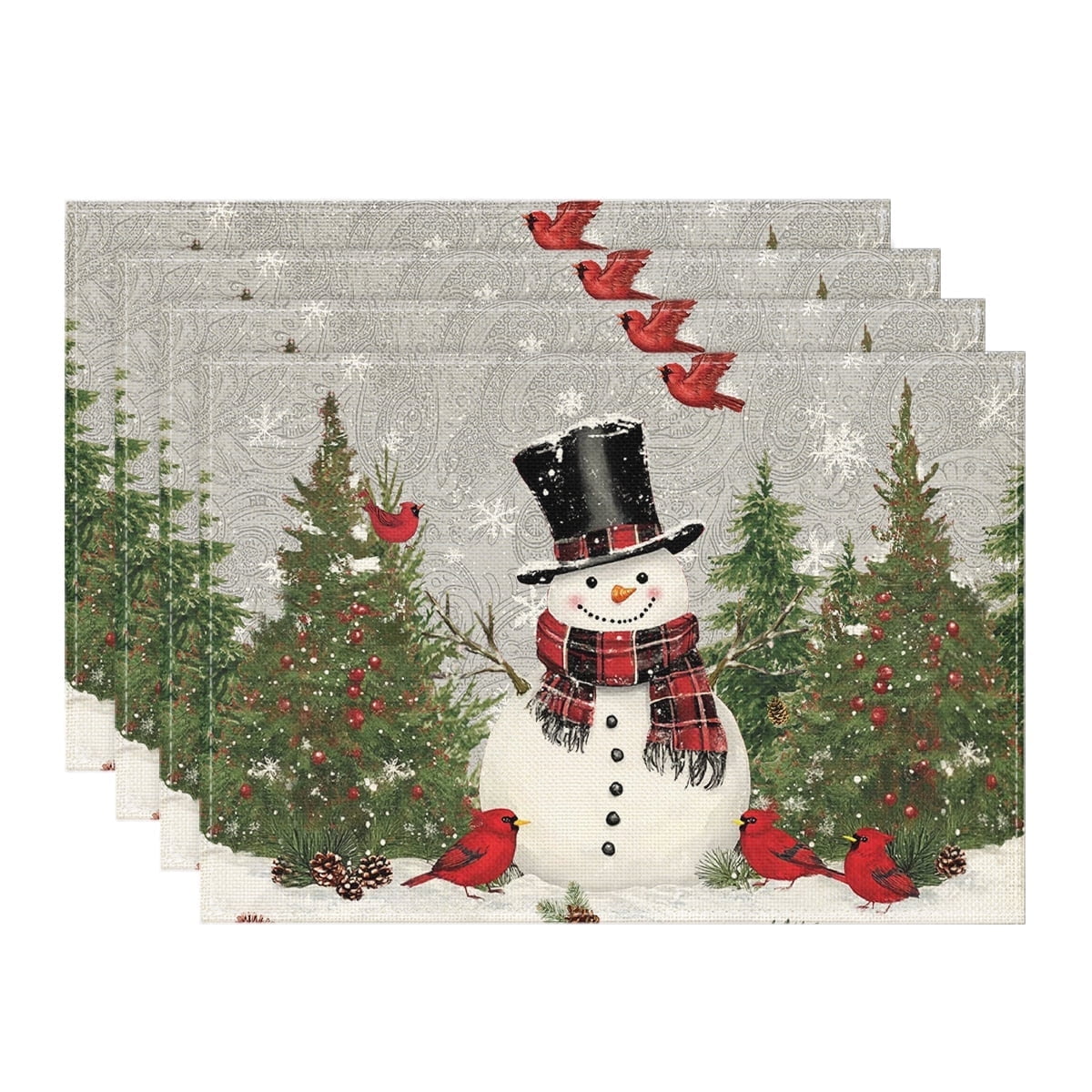 Smile Snowman Cardinals Trees Christmas Placemats for Dining Table Grey, 12 x 18 Inch Seasonal Winter Birds Xmas Holiday Rustic Vintage Thanksgiving Washable Table Mats Set of 4
