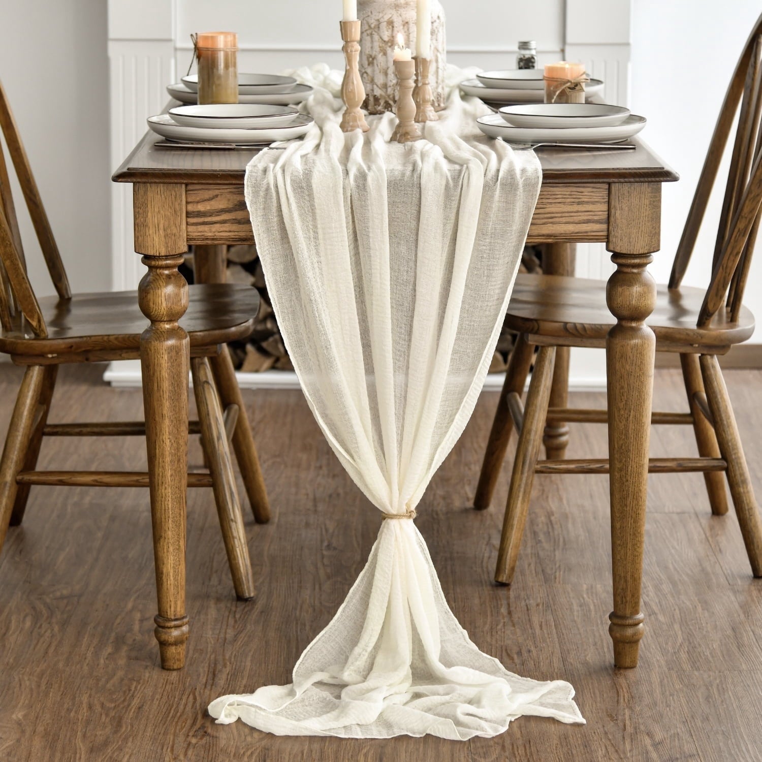 Sm:)e Beige Cheesecloth Table Runner 31 x 118 Inch Rustic Gauze Boho Chair Sashes for Bridal Shower Wedding Party Catering Home Decoration Supplies