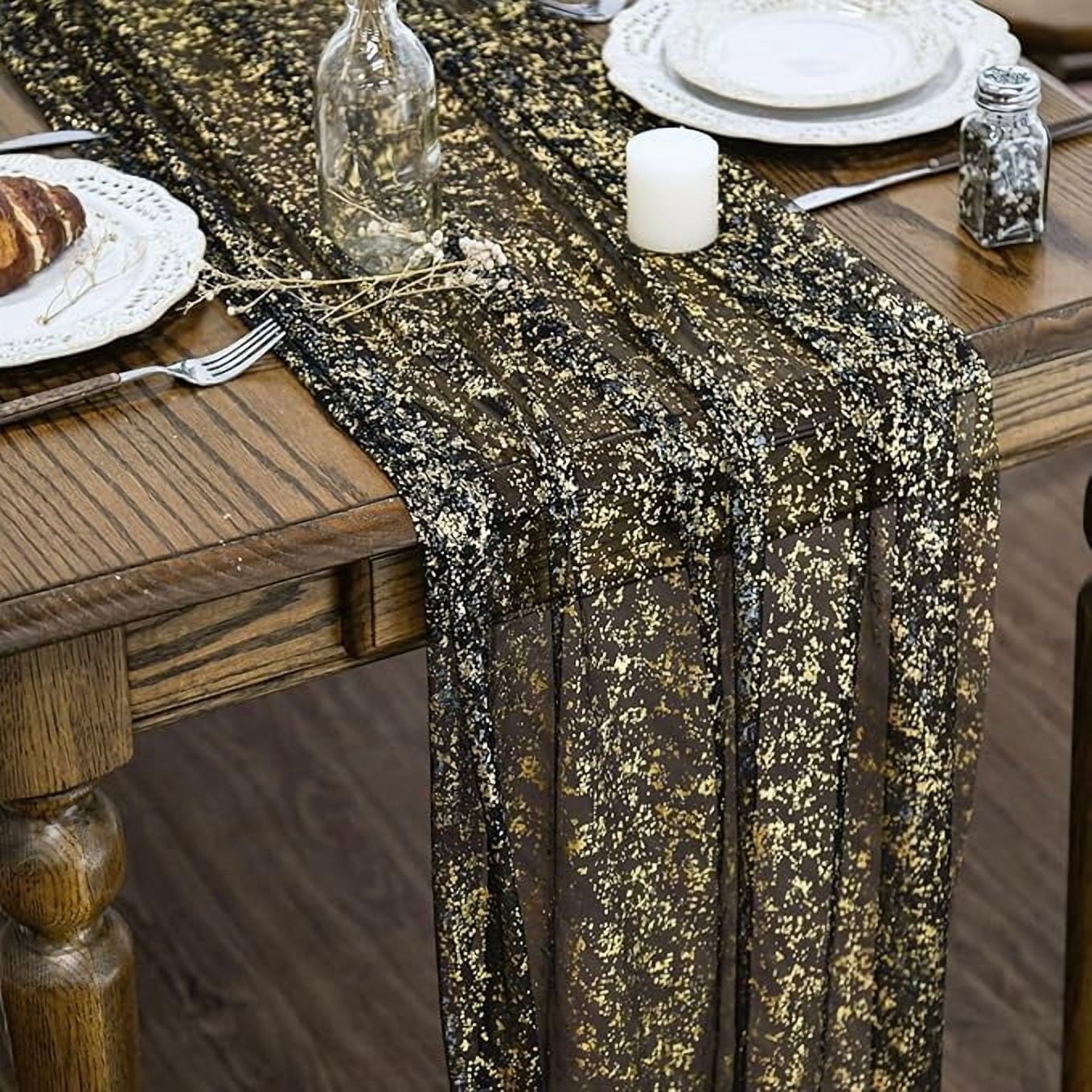 Sm:)e Black Gold Silk Screen Stamping Gauze Table Runner 120 Inch 10FT, Glitter Metallic Foil Sheer Chiffon Table Decor for Wedding Anniversary Birthday Outdoor Home Party Table