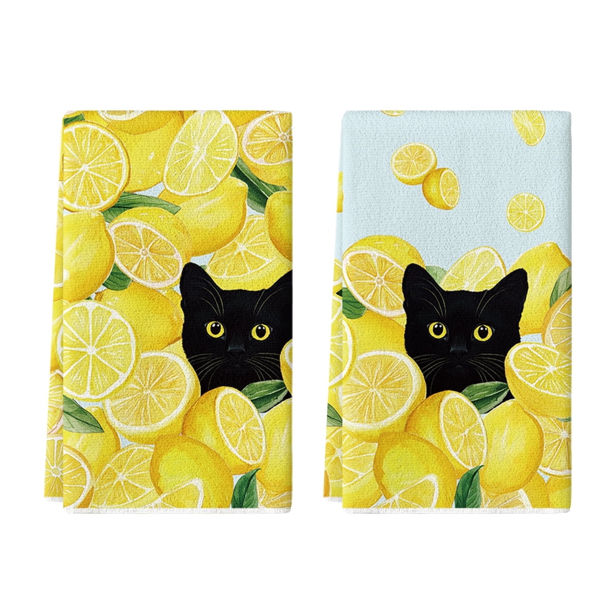 Sm:)e Cat Yellow Lemon Summer Kitchen Dish Towels 18x26 Inch Set of 2