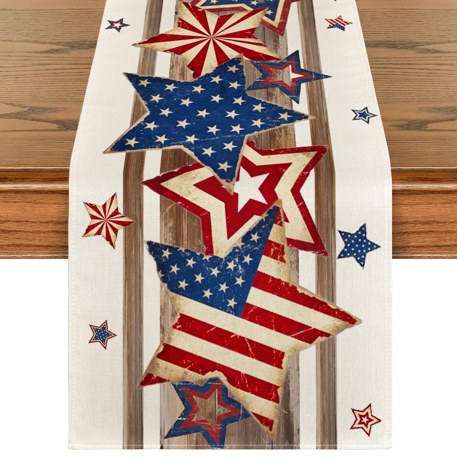 Sm:)e Stars 4th of July Table Runner, Wooden Patriotic Decor Durable and Stylish Independence Day Party and Family Gathering Supply 13 x 72 Inch
