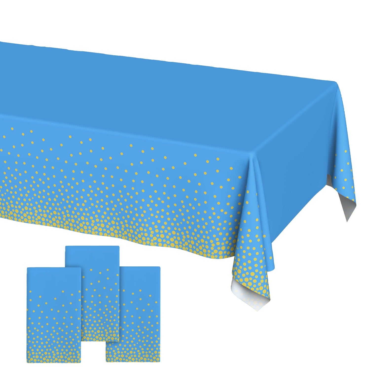 Plastic Table Cloth Disposable 3 Pack, 54 x 108 Inch, Blue, Gold Dot, for Party Picnic Wedding