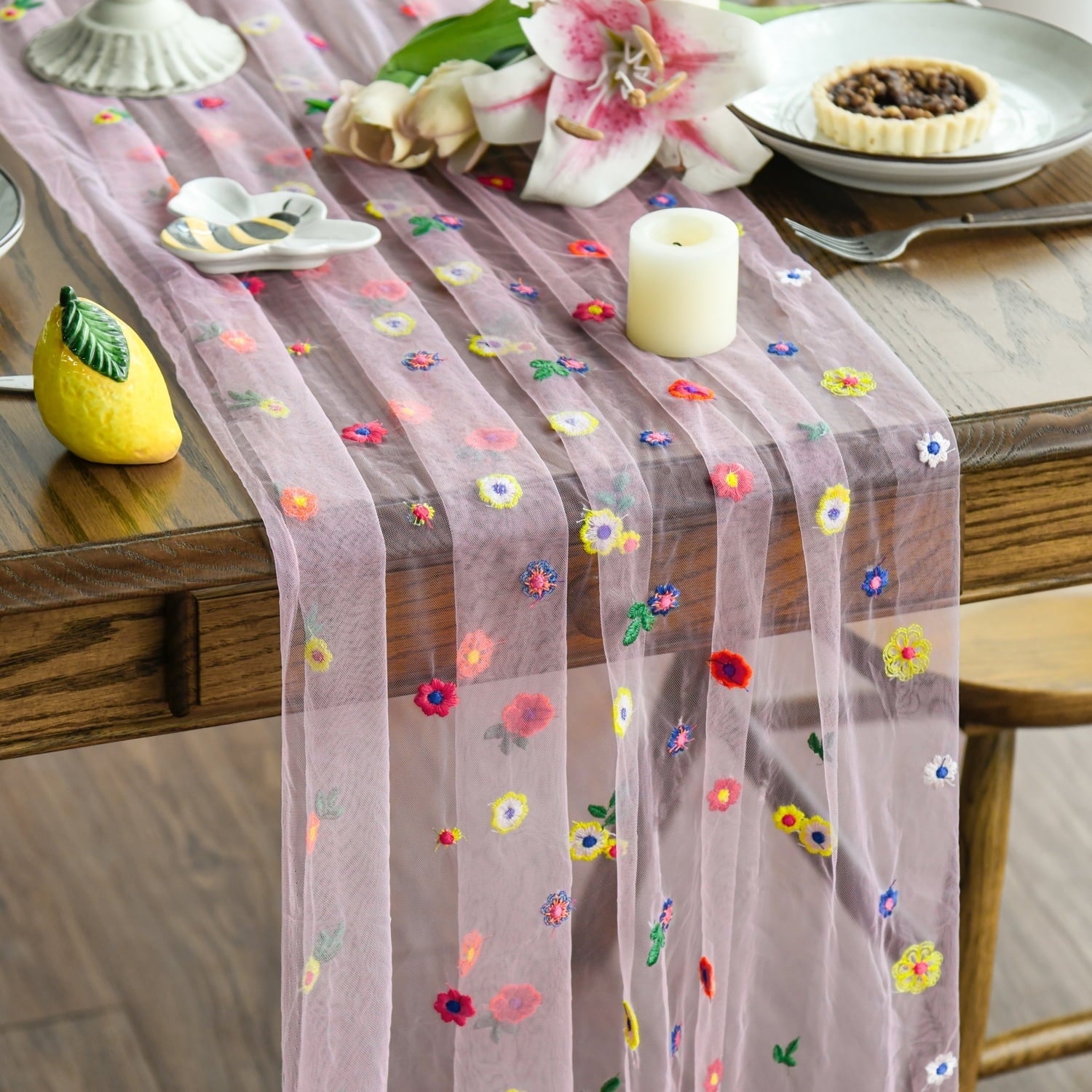 Sm:)e Pink Embroidered Daisy Gauze Table Runner 120 Inches (10 Feet), Seasonal Sheer Decor for Kitchen & Dining Spaces, Ideal for Holidays, Weddings, Birthdays & Home Parties