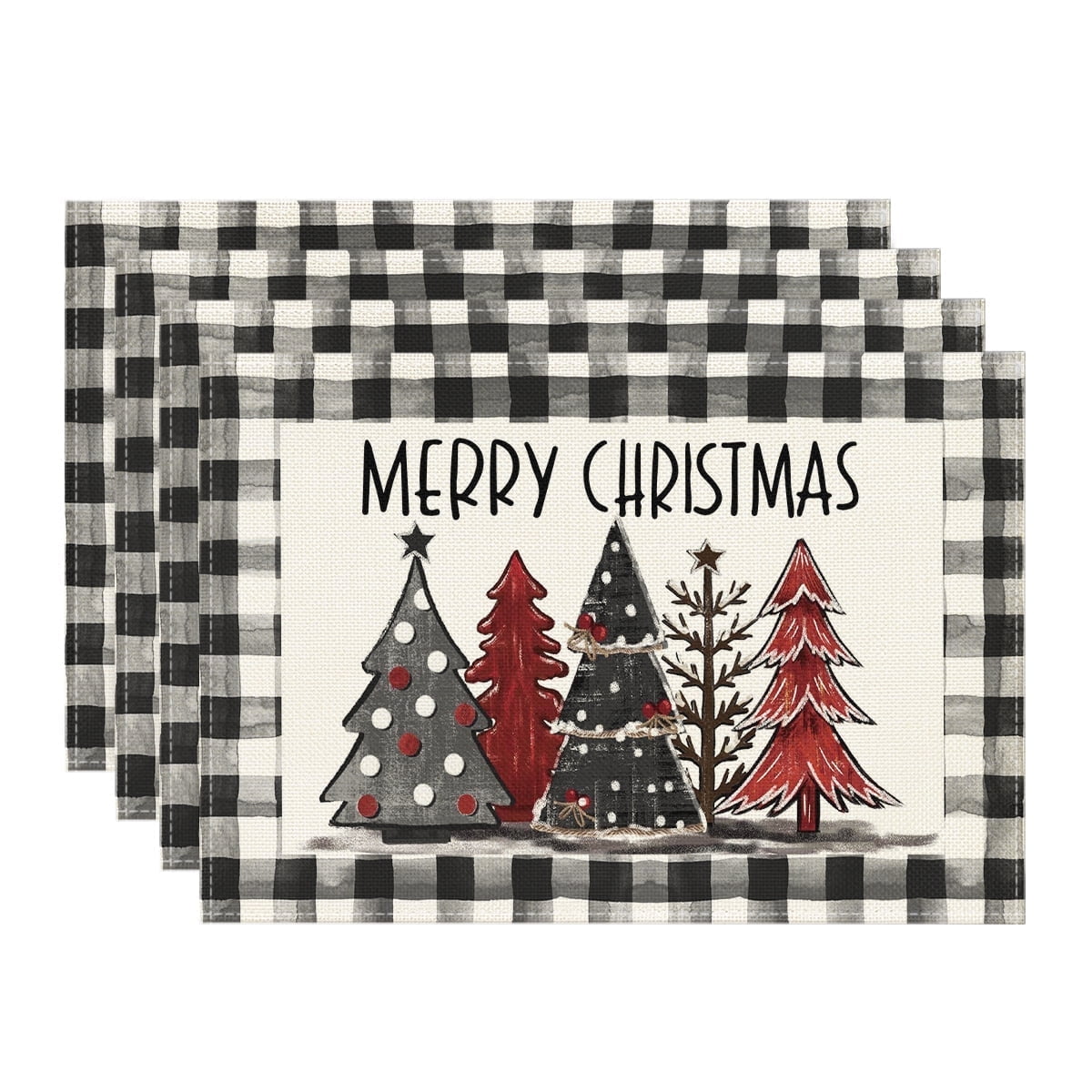 Smile Black and White Buffalo Plaid Christmas Trees Winter Placemats Set of 4, 12 x 18 Inch