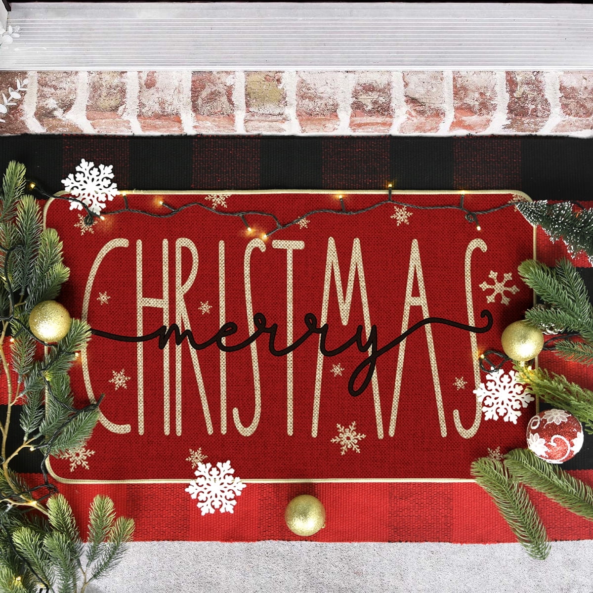 Sm:)e Red Merry Christmas Snowflake Welcome Decorative Doormat, Seasonal Winter Low-Profile Floor Rug Switch Mat for Outdoor 17x29 Inch