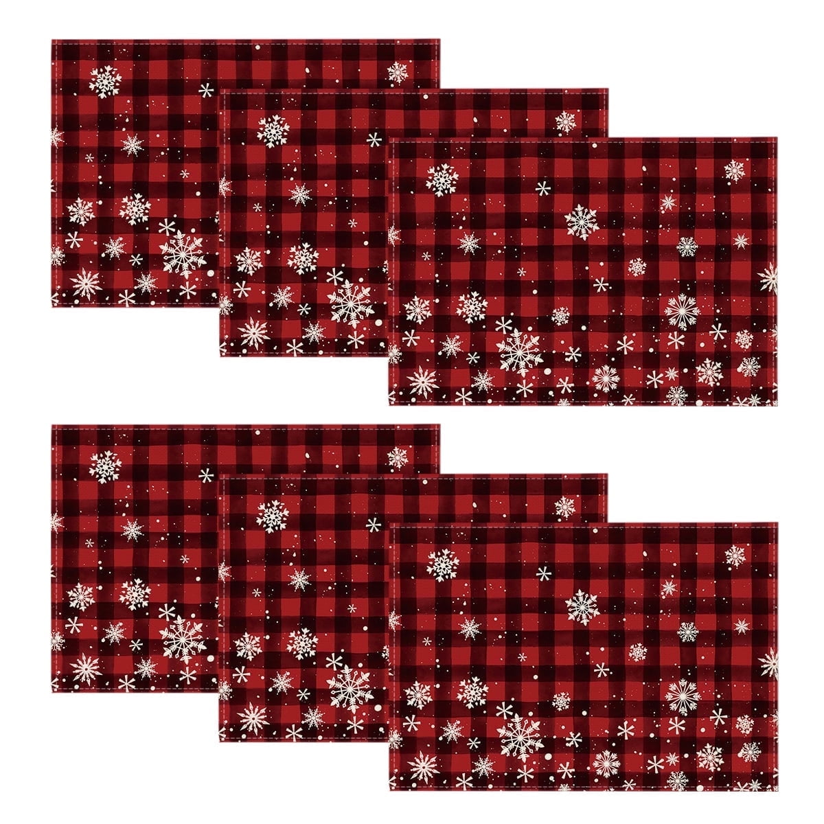 Smile Red and Black Buffalo Plaid Christmas Placemats for Dining Table, 12 x 18 Inch Seasonal Winter Xmas Snowflakes Holiday Rustic Vintage Thanksgiving Washable Table Mats Set of 6