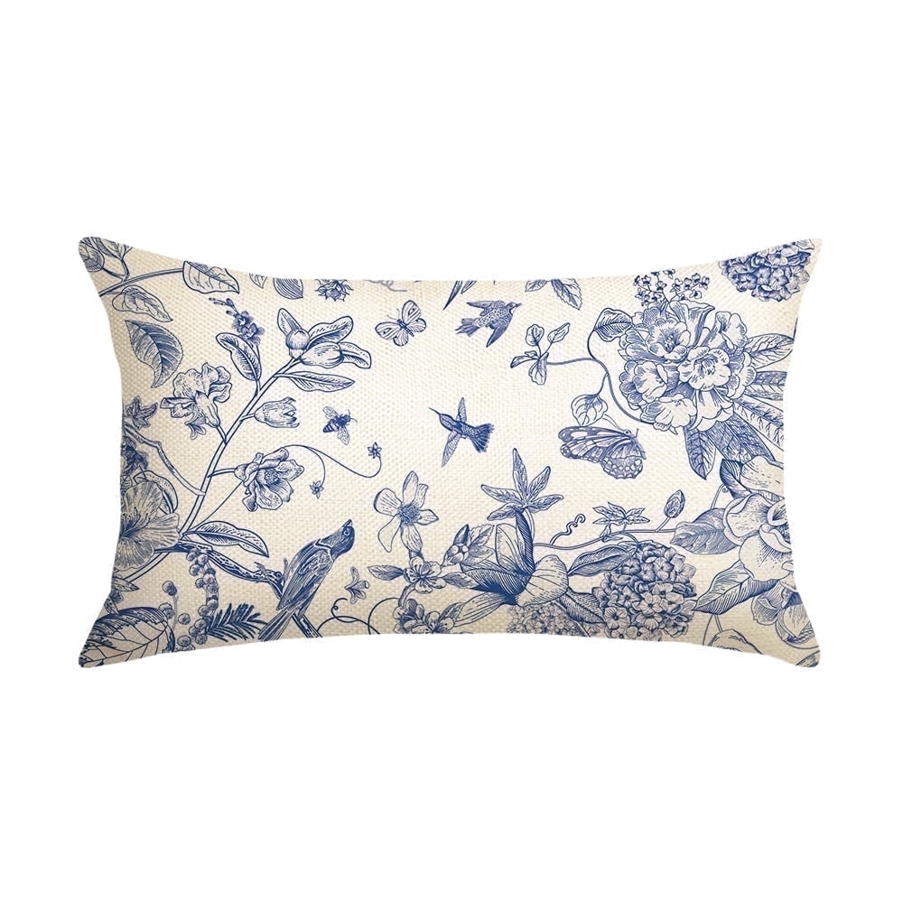 Sm:)e Chinoiserie Grandmillennial Flowers Birds Blue and White Throw Pillow Cover, 12 x 20 Inch Cushion Case Outdoor Decoration for Sofa Couch Farmhouse