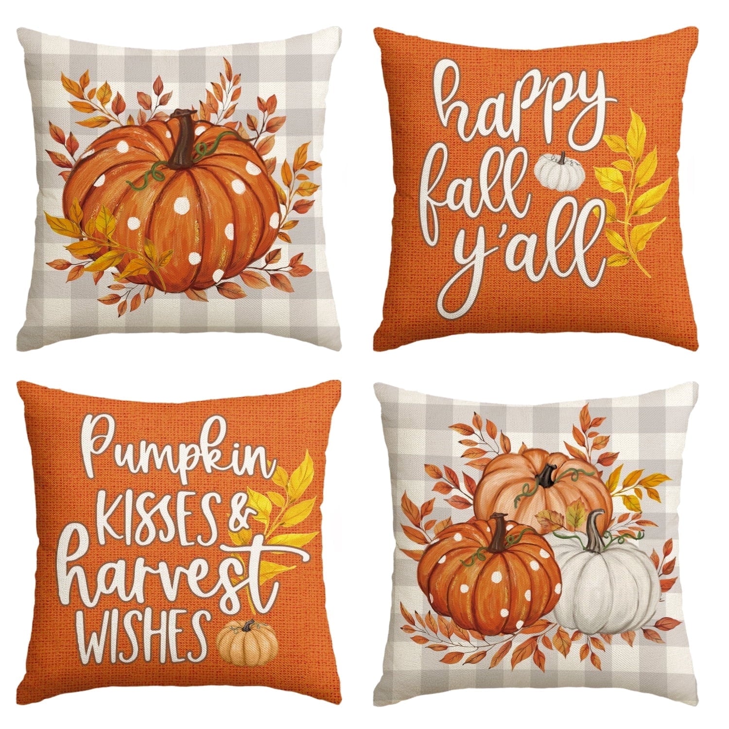 Sm:)e Thanks Pumpkin Leaves Fall Throw Pillow Covers, 18 x 18 Inch Autumn Thanksgiving Harvest Polka Dot Orange Decorations for Sofa Couch Set of 4