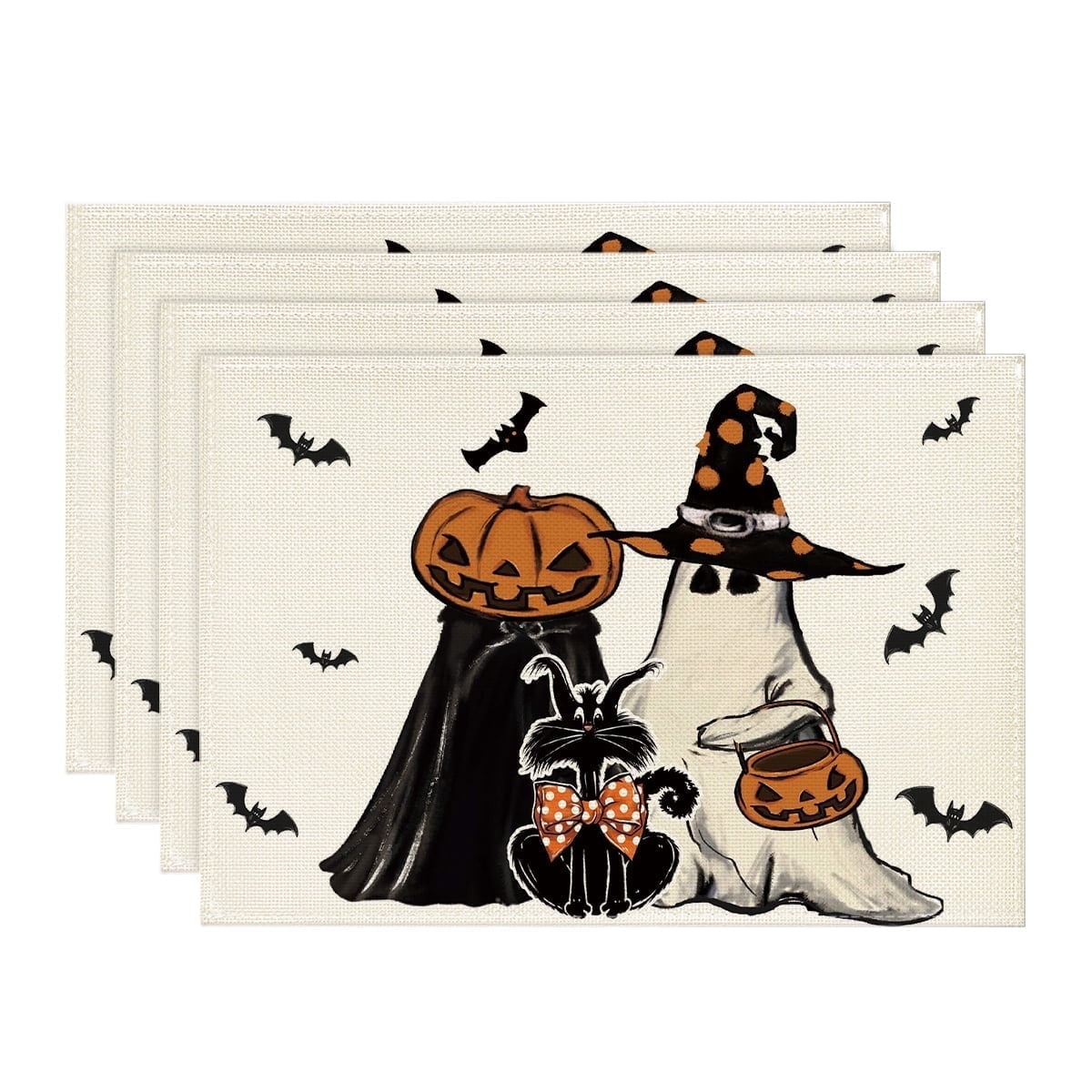 Sm:)e Ghost Jack-O'-Lantern Black Cat Halloween Placemats Set of 4, Holiday Kitchen Dining Table Decoration for Home Party Decor
