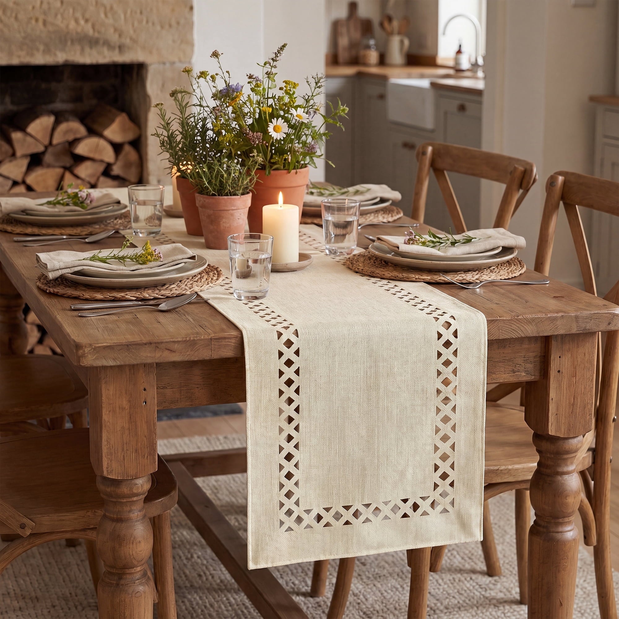 Sm:)e Beige Table Runner, Hollow Out Laser Cut Solid Color, Seasonal Summer Washable Kitchen Dining Table Decoration for Home Party Decor 13x120 Inch