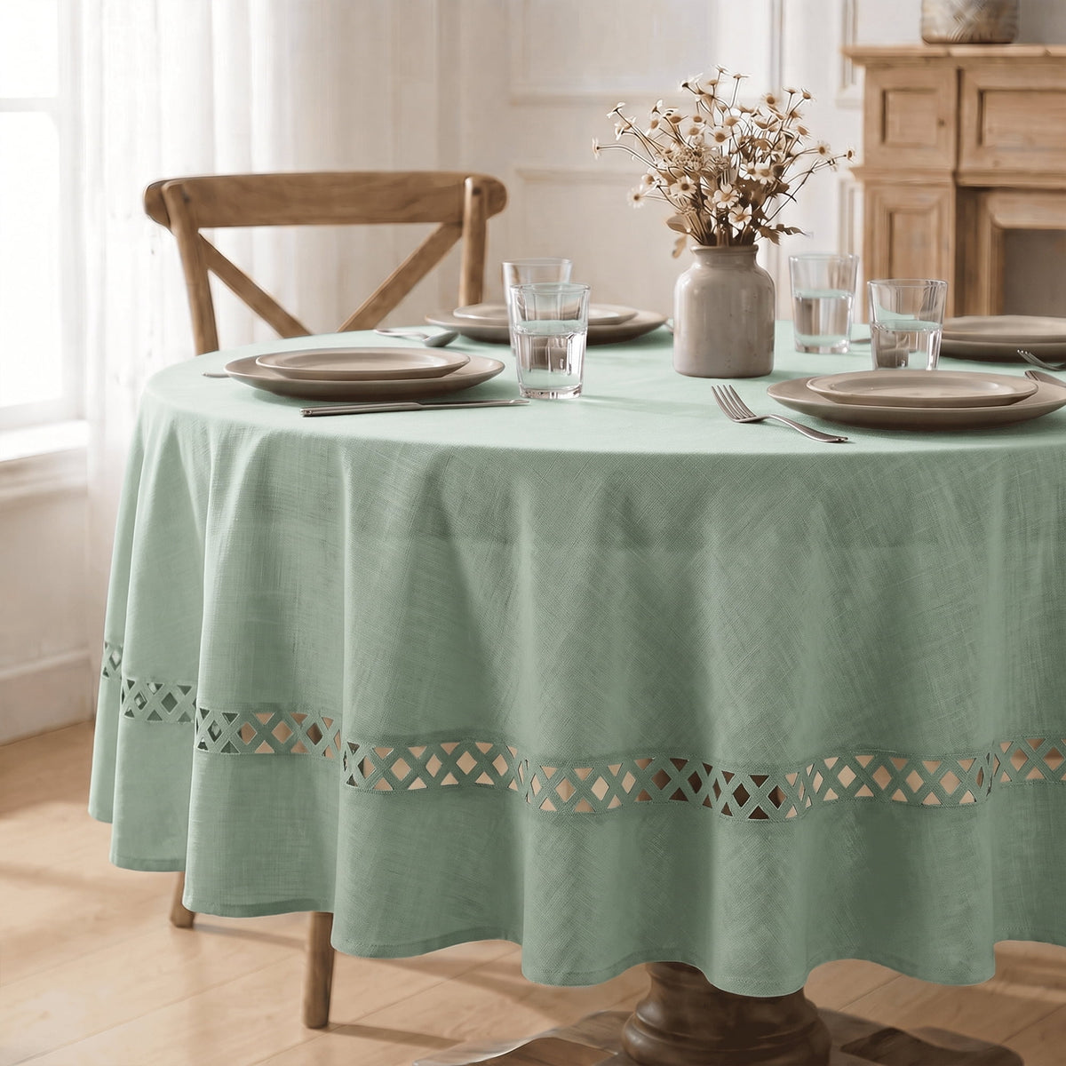 Sm:)e Fabric Openwork Farmhouse Style Linen Tablecloth, Round 60 Inch, Machine Washable Classic Table Cover for Dinner/Party Decoration/Holiday, Sage Green