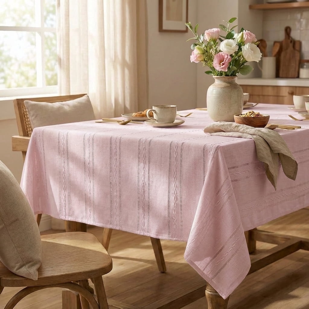 Sm:)e Fabric Openwork Farmhouse Style Linen Tablecloth 60x104 Inch, Yarn-Dyed Woven Table Cover for Dining Decor, Rectangle, Pink